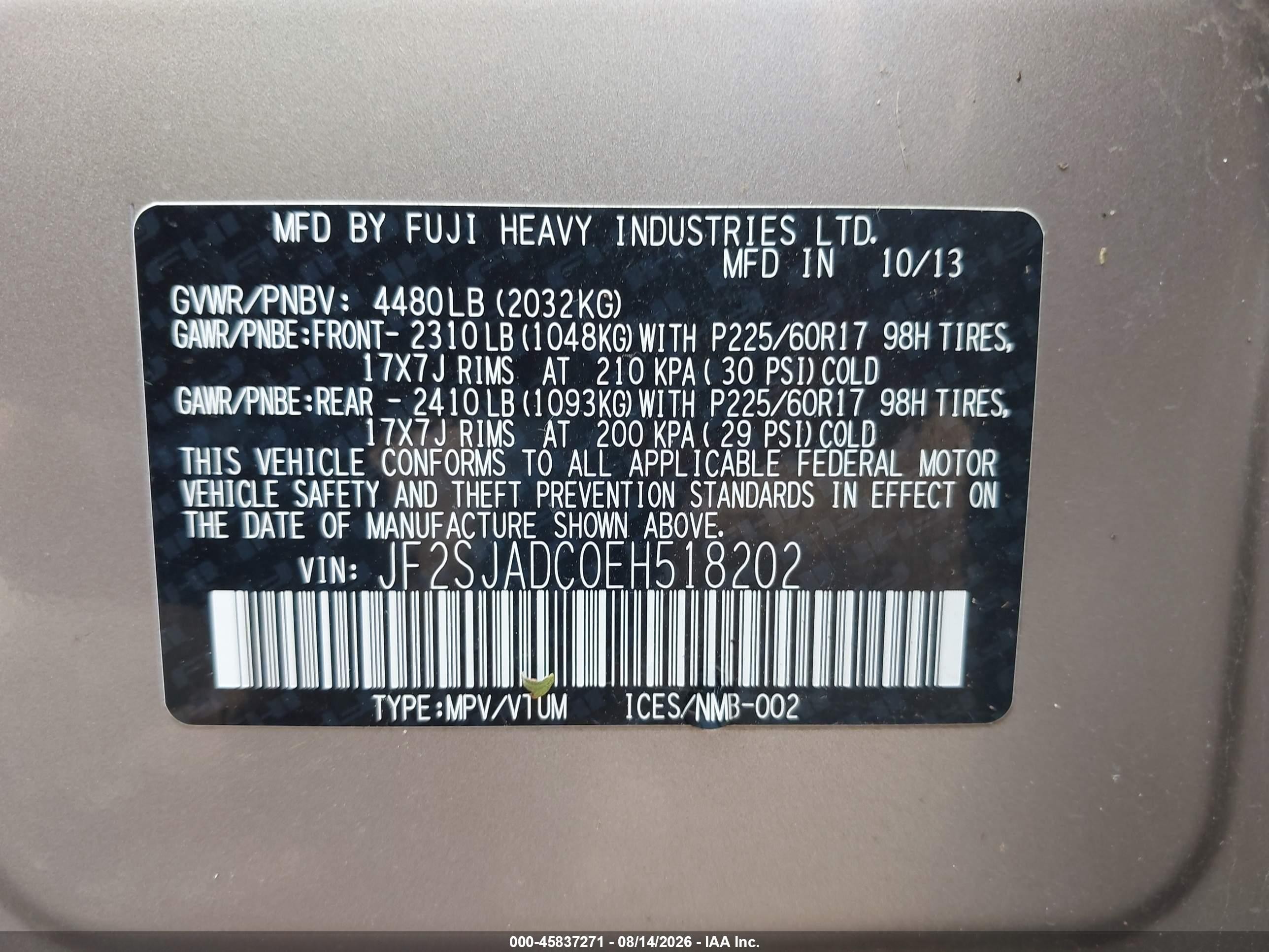 2014 Subaru Forester 2.5i Premium Tan vin: JF2SJADC0EH518202