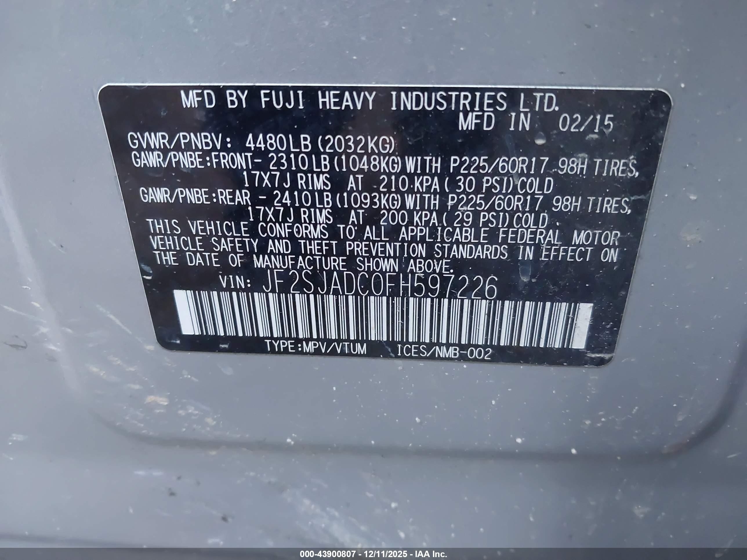2015 Subaru Forester 2.5i Premium Silver vin: JF2SJADC0FH597226
