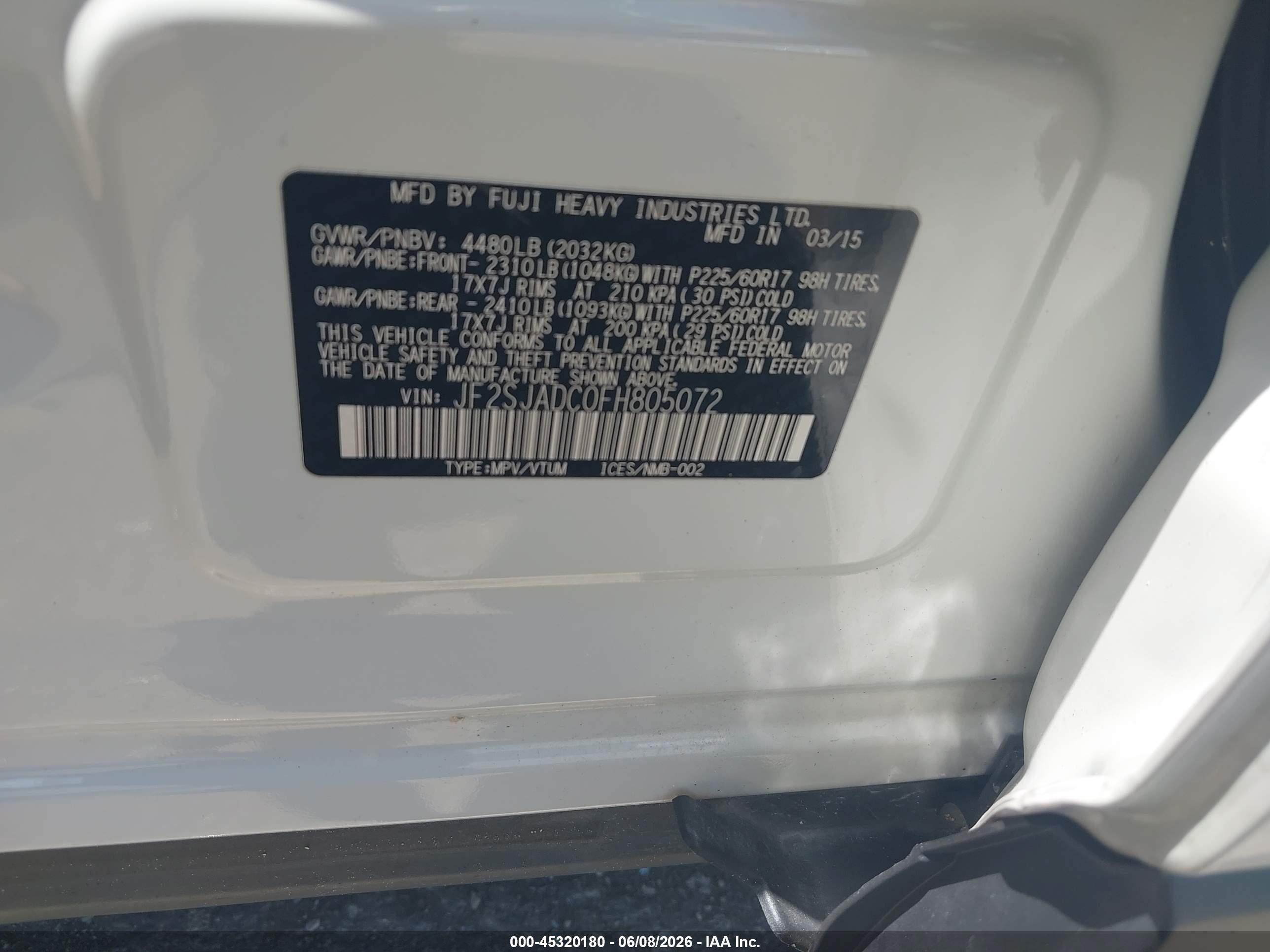 2015 Subaru Forester 2.5i Premium White vin: JF2SJADC0FH805072
