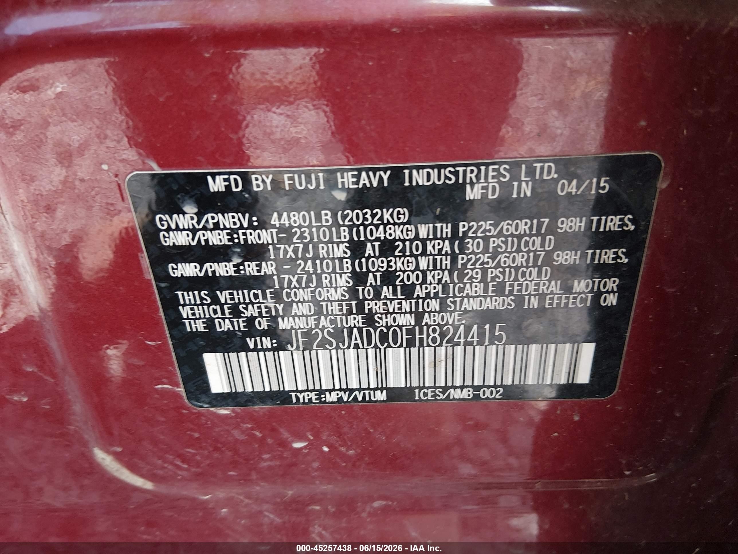 2015 Subaru Forester 2.5i Premium Red vin: JF2SJADC0FH824415