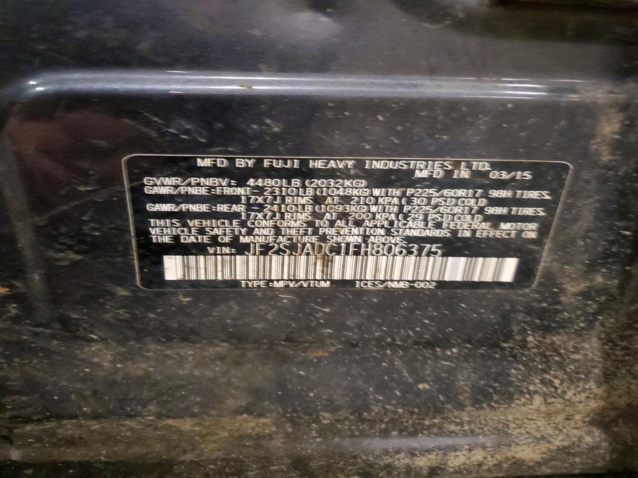 2015 Subaru Forester Charcoal vin: JF2SJADC1FH806375