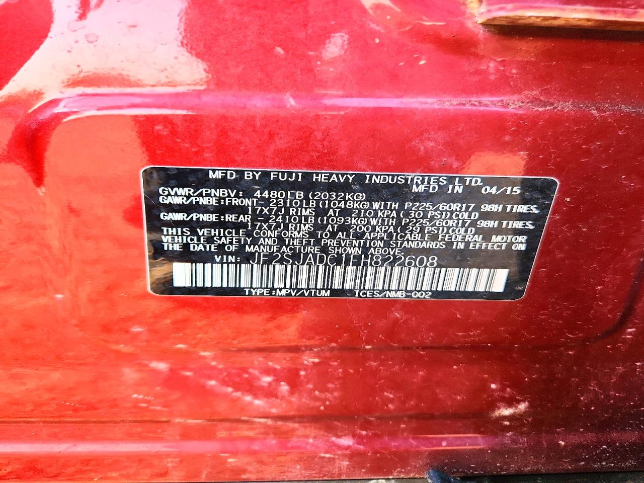 2015 Subaru Forester Burgundy vin: JF2SJADC1FH822608