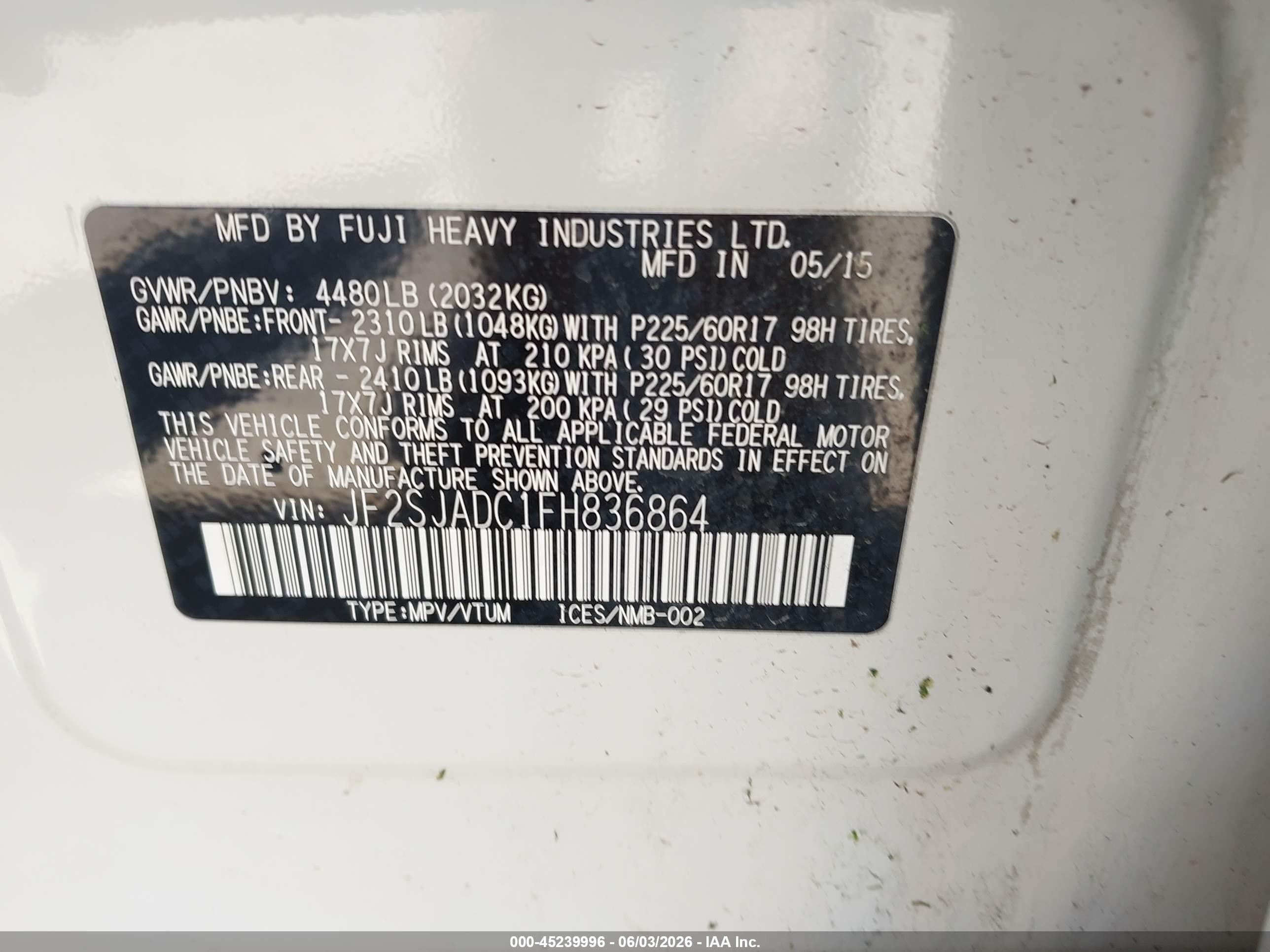 2015 Subaru Forester 2.5i Premium Белый vin: JF2SJADC1FH836864