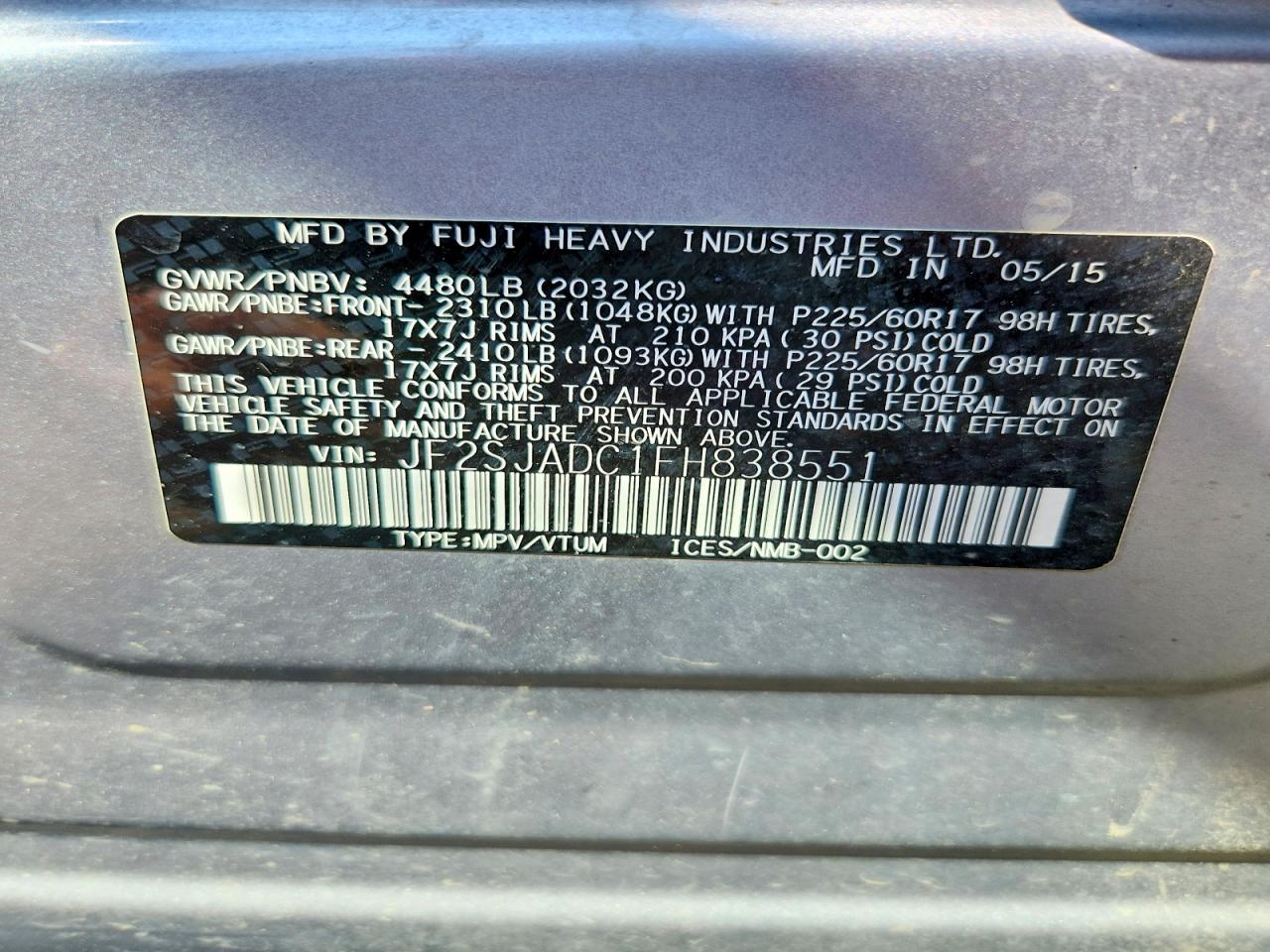 2015 Subaru Forester 2.5i Premium Серебряный vin: JF2SJADC1FH838551