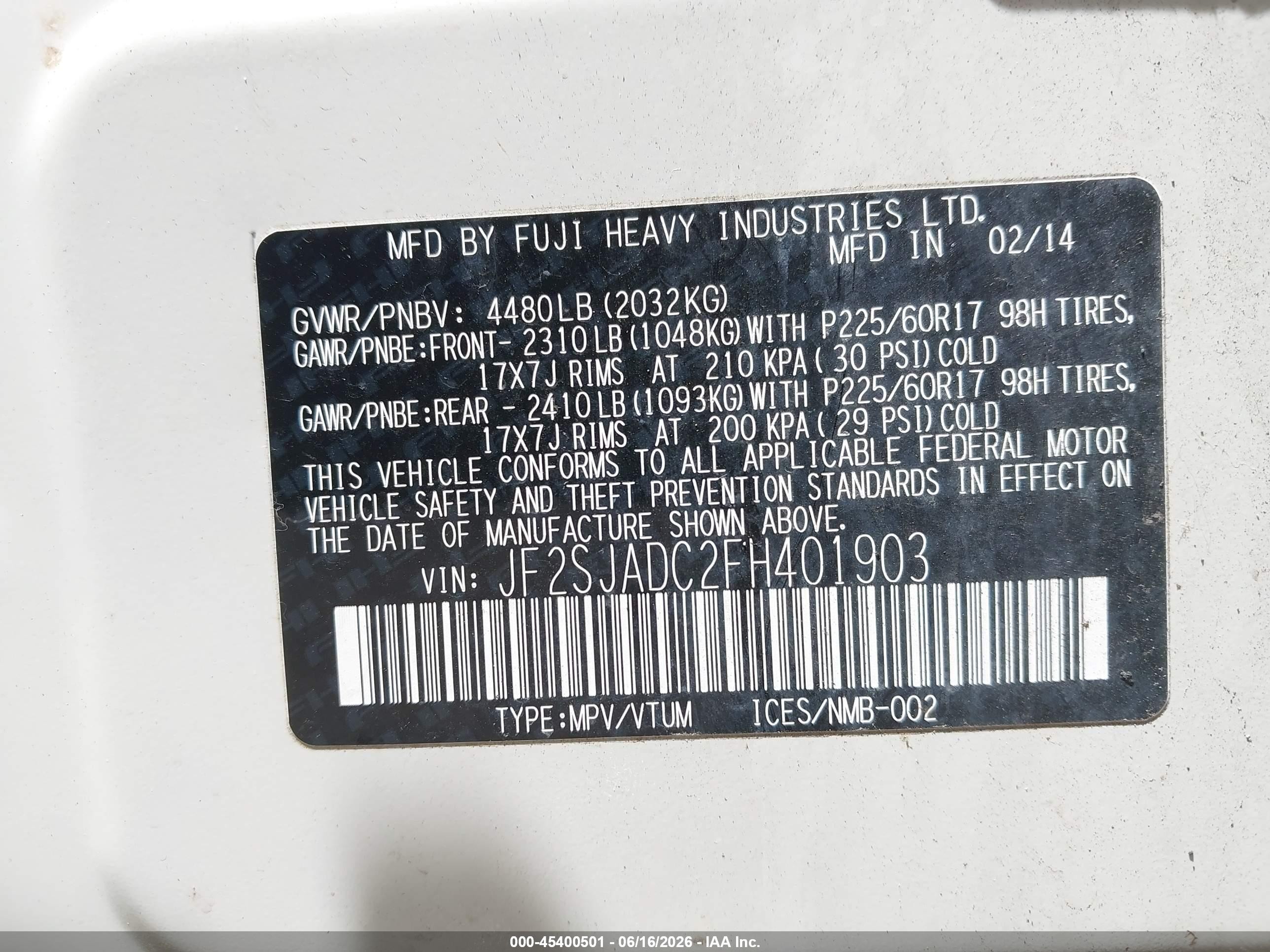 2015 Subaru Forester 2.5i Premium Белый vin: JF2SJADC2FH401903