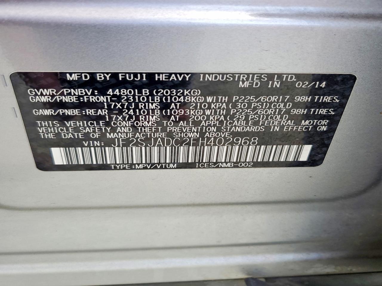 2015 Subaru Forester 2.5i Premium Silver vin: JF2SJADC2FH402968
