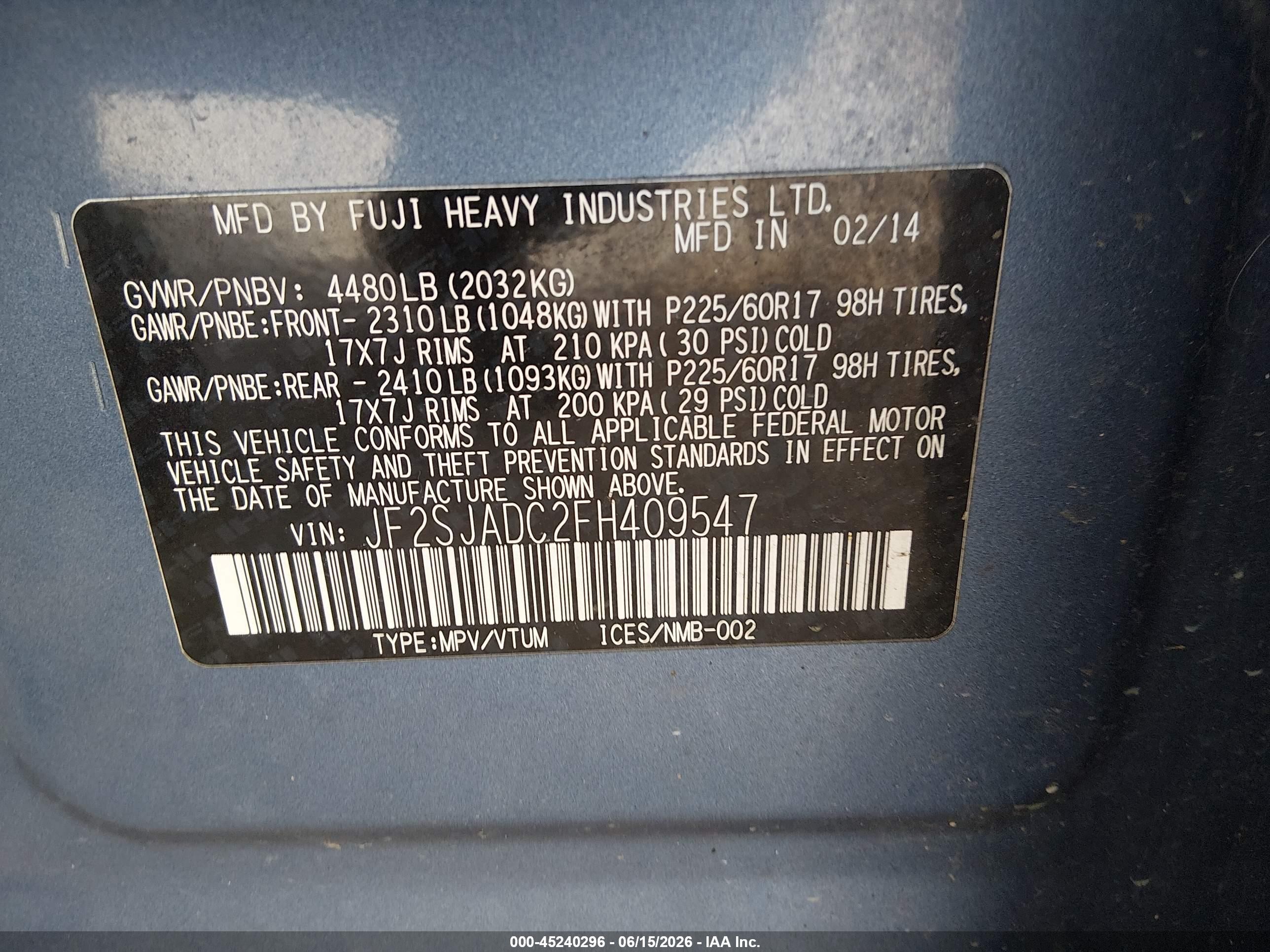 2015 Subaru Forester 2.5i Premium Blue vin: JF2SJADC2FH409547