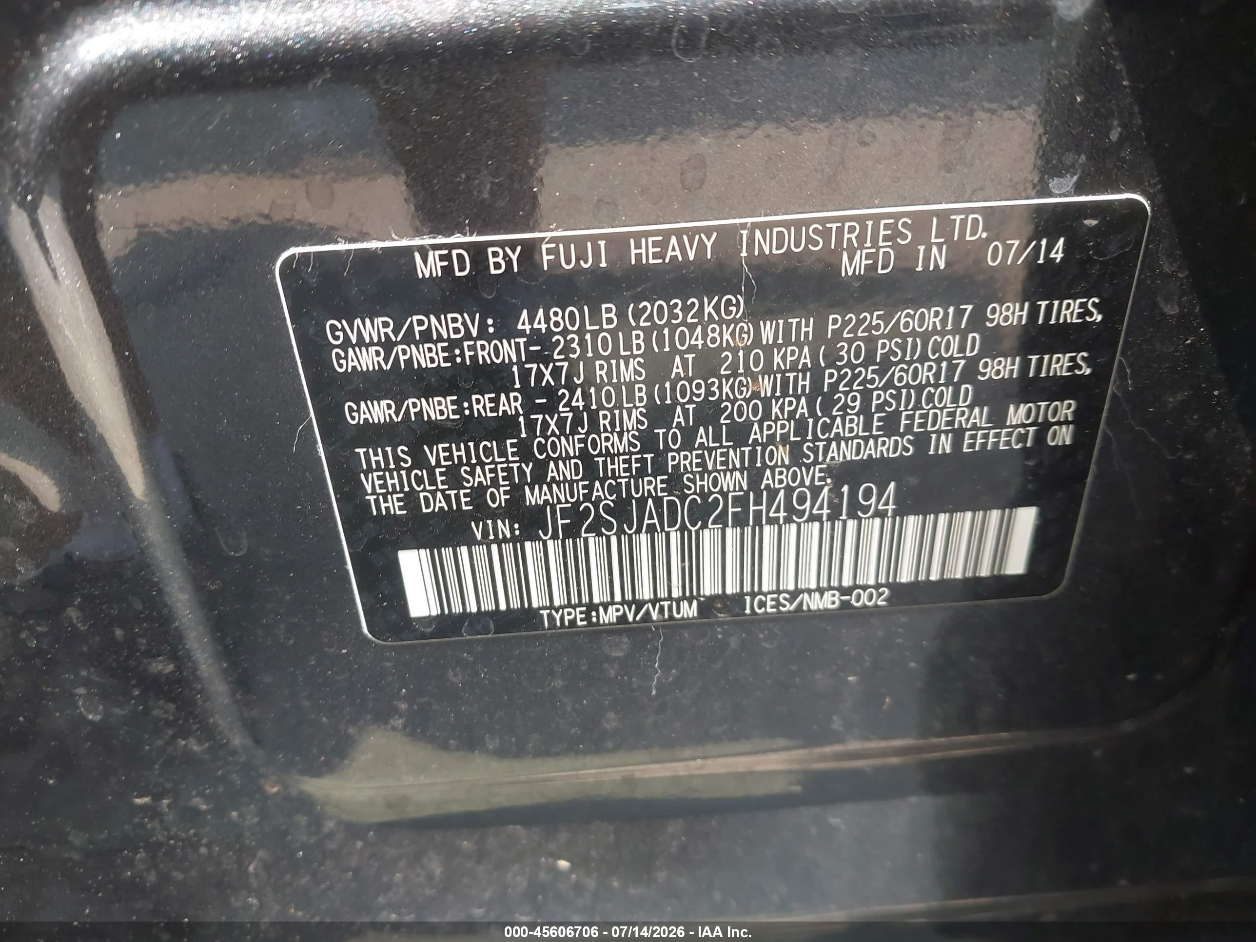 2015 Subaru Forester 2.5i Premium Gray vin: JF2SJADC2FH494194