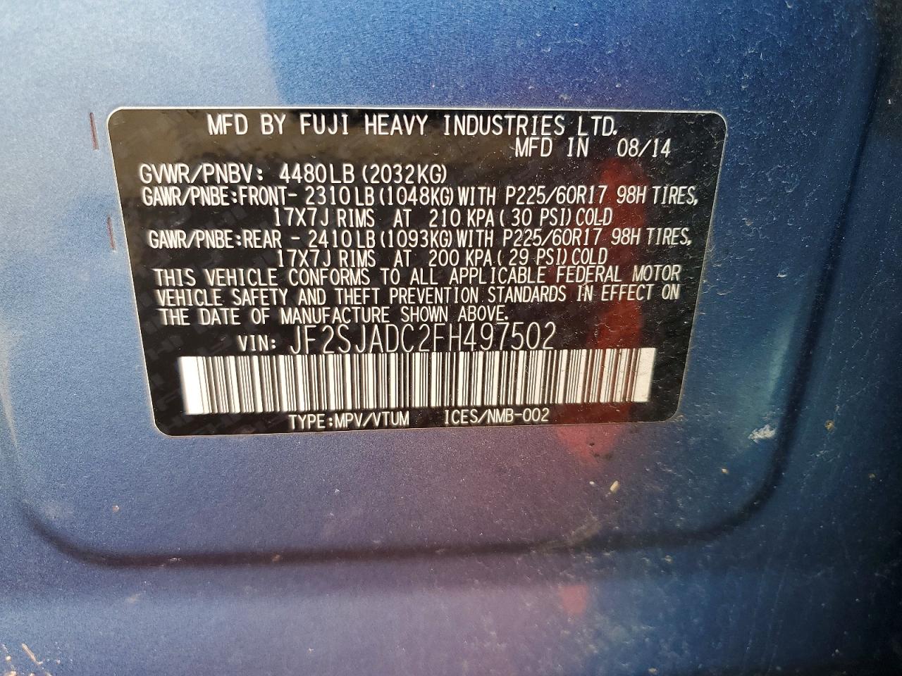 2015 Subaru Forester 2.5i Premium Синий vin: JF2SJADC2FH497502