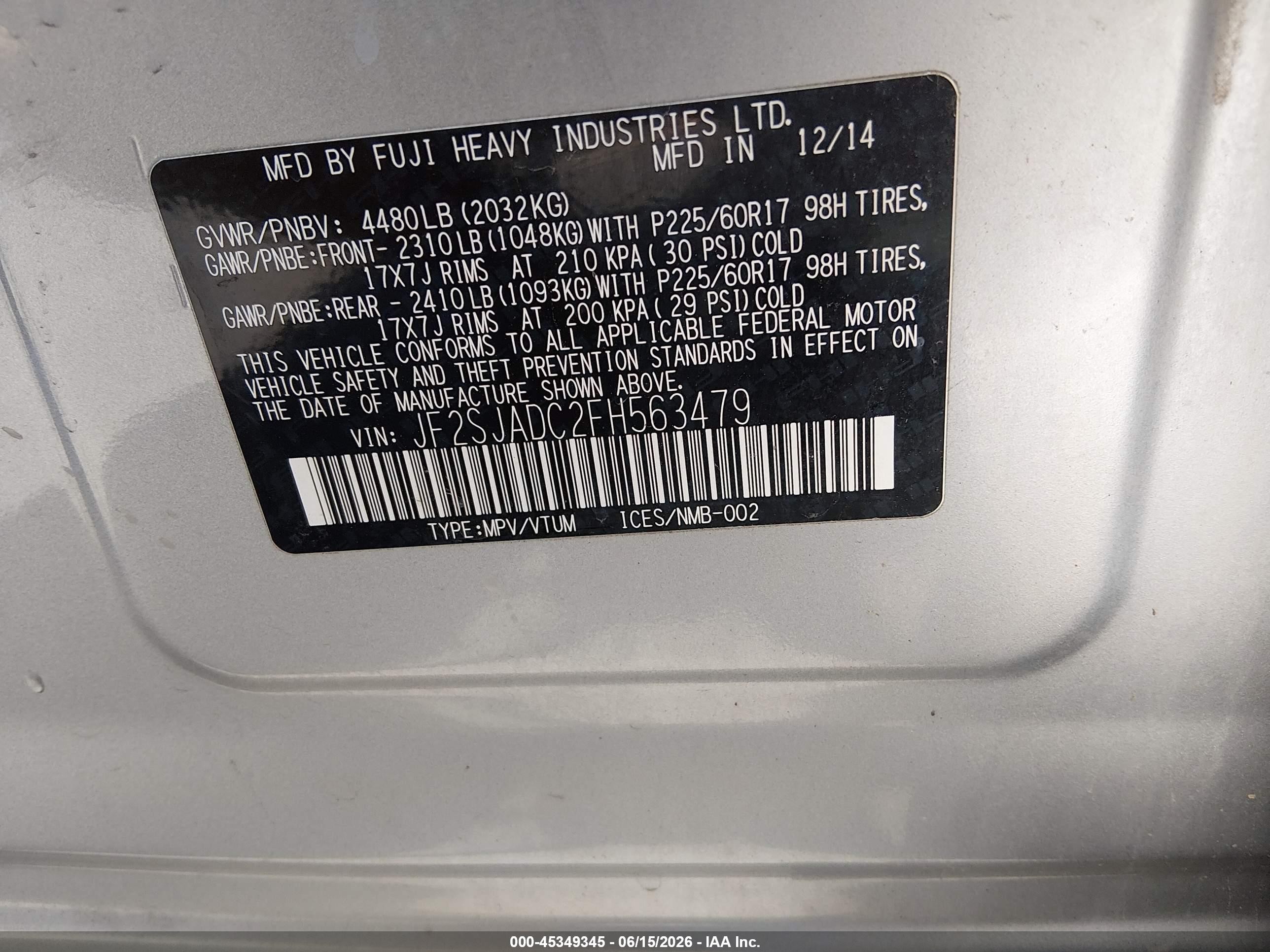 2015 Subaru Forester 2.5i Premium Silver vin: JF2SJADC2FH563479