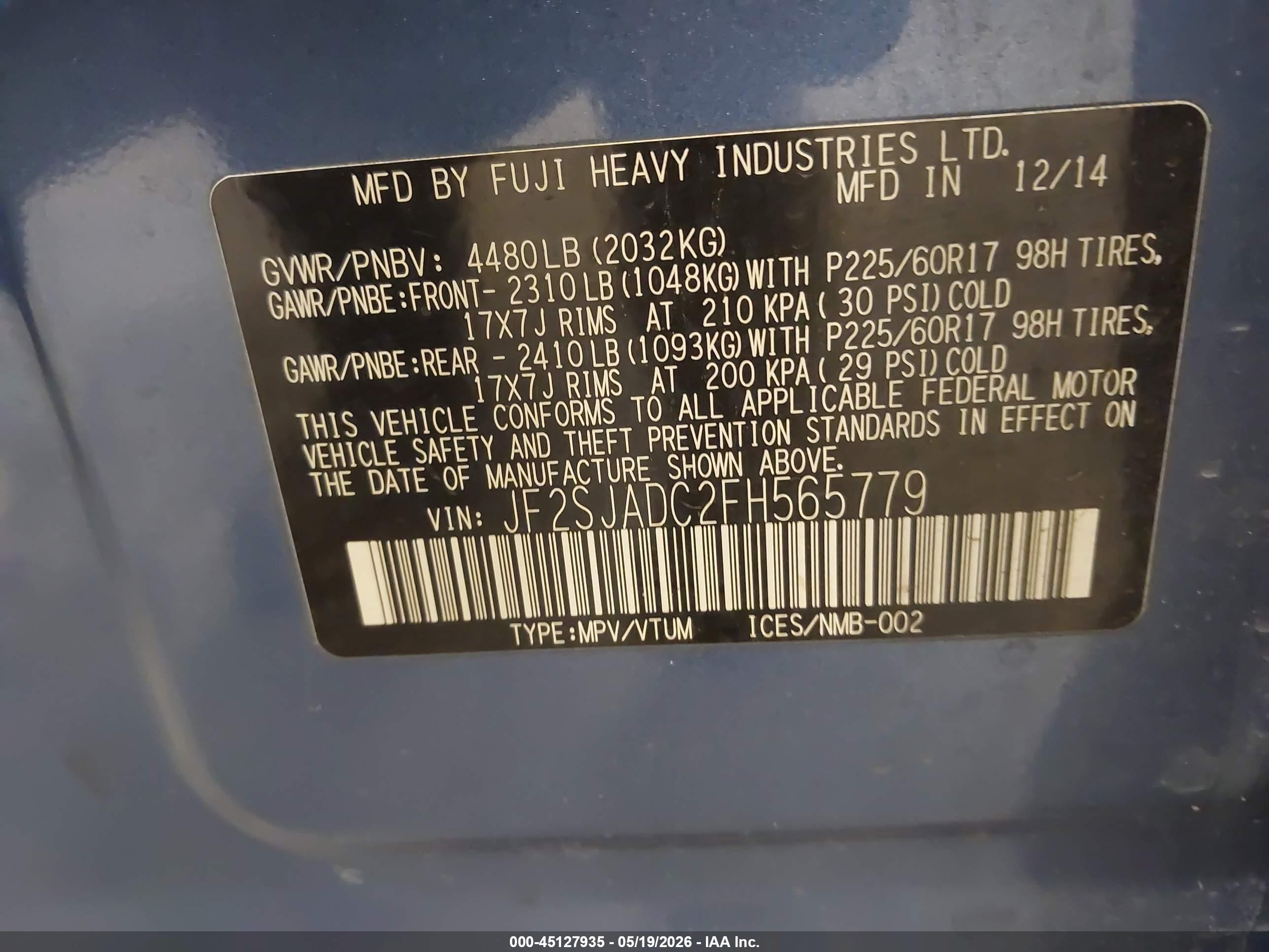 2015 Subaru Forester 2.5i Premium Blue vin: JF2SJADC2FH565779