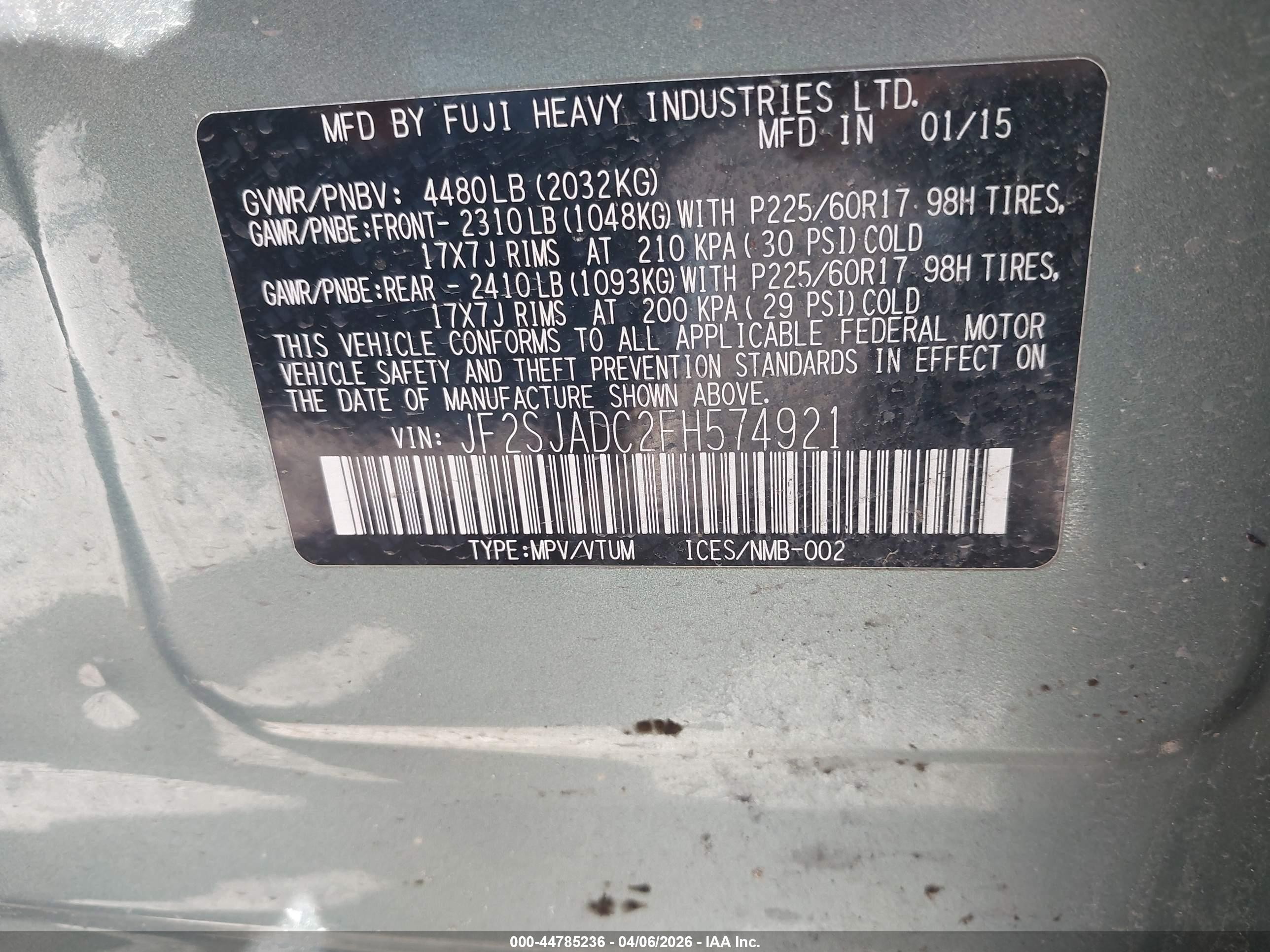 2015 Subaru Forester 2.5i Premium Зеленый vin: JF2SJADC2FH574921