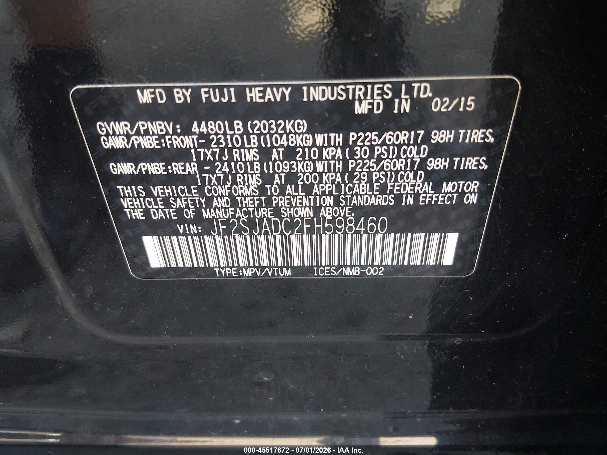 2015 Subaru Forester 2.5i Premium Black vin: JF2SJADC2FH598460