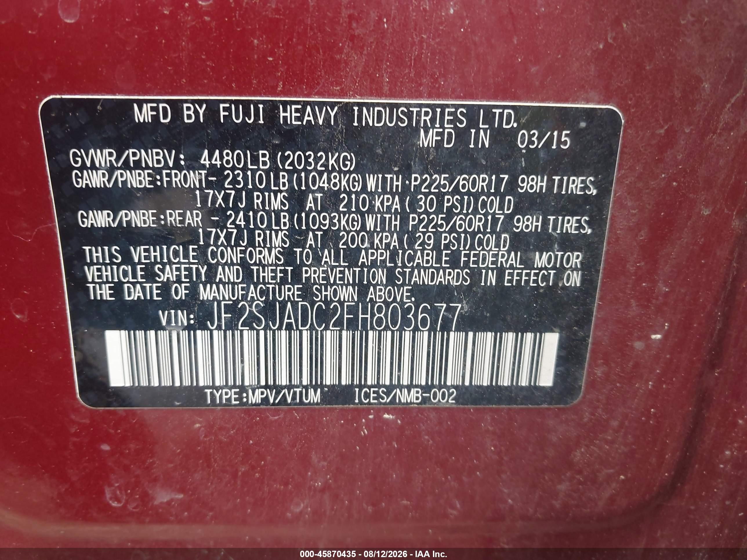 2015 Subaru Forester 2.5i Premium Burgundy vin: JF2SJADC2FH803677