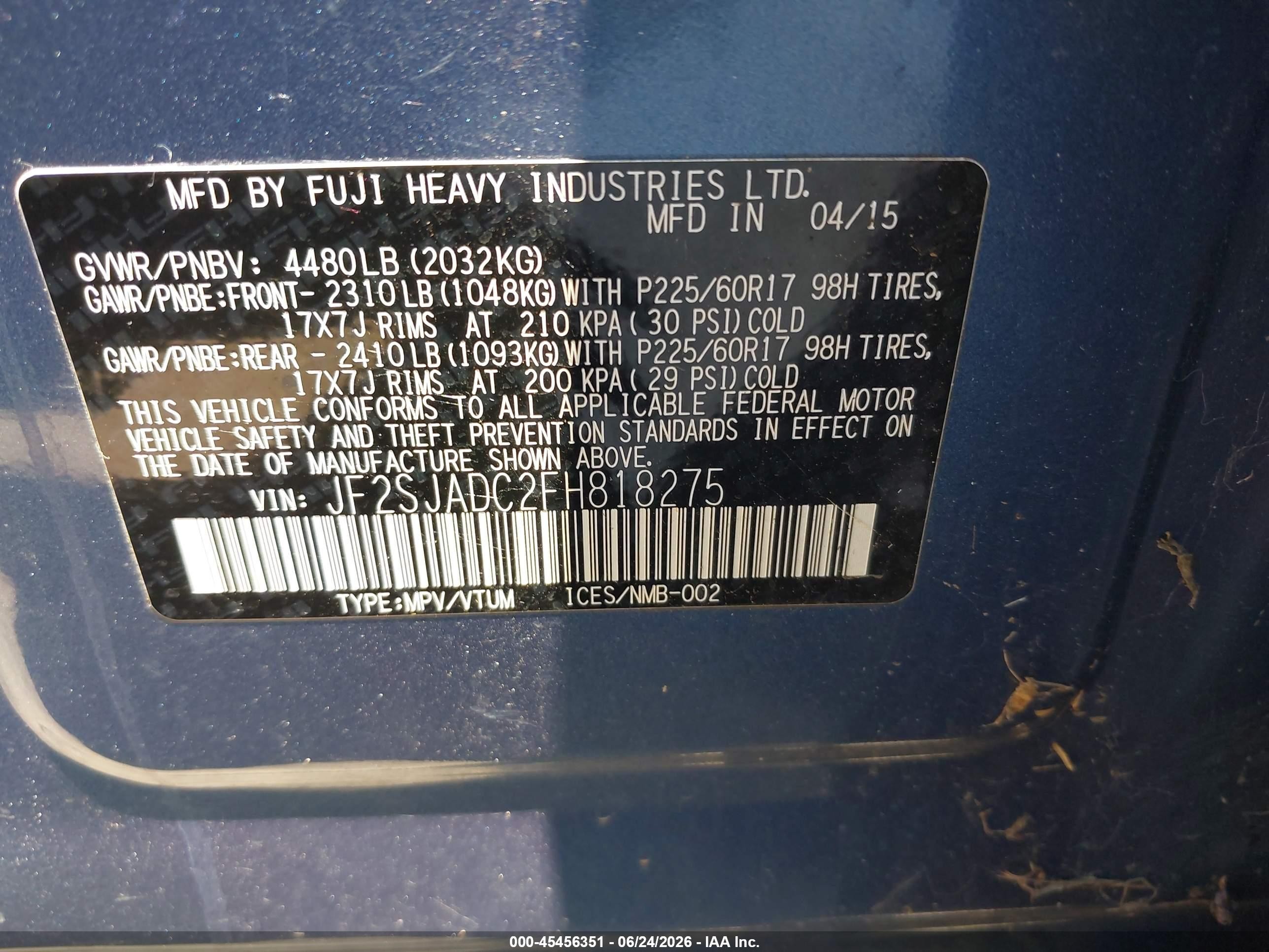2015 Subaru Forester 2.5i Premium Синий vin: JF2SJADC2FH818275