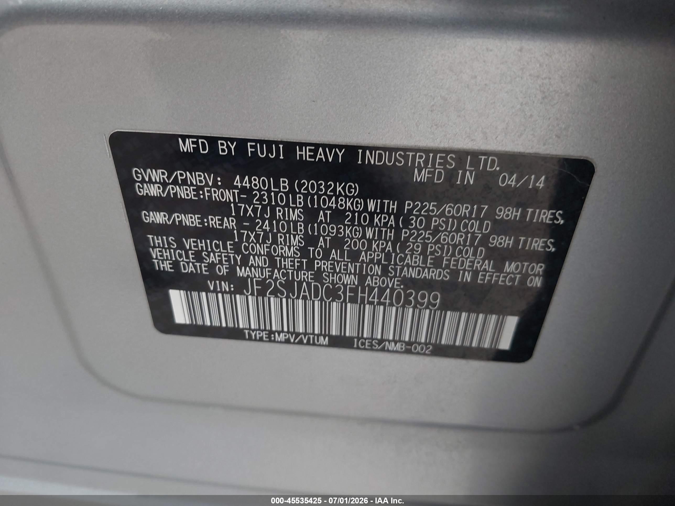 2015 Subaru Forester 2.5i Premium Серый vin: JF2SJADC3FH440399