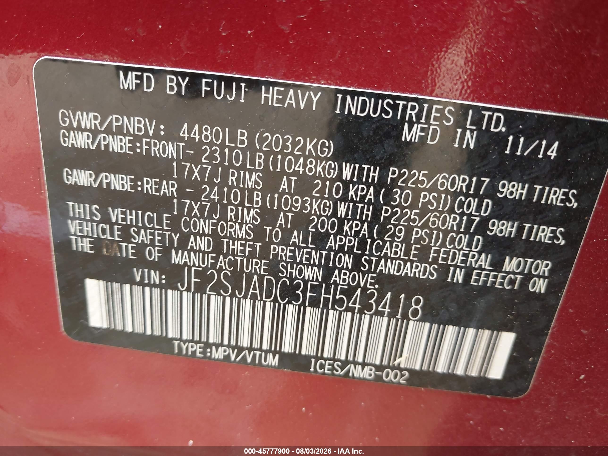 2015 Subaru Forester 2.5i Premium Red vin: JF2SJADC3FH543418