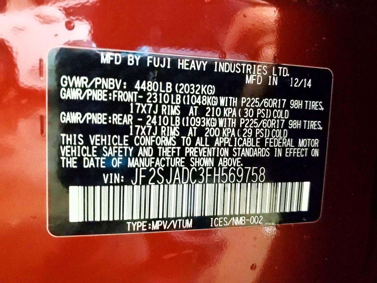 2015 Subaru Forester 2.5i Premium Maroon vin: JF2SJADC3FH569758
