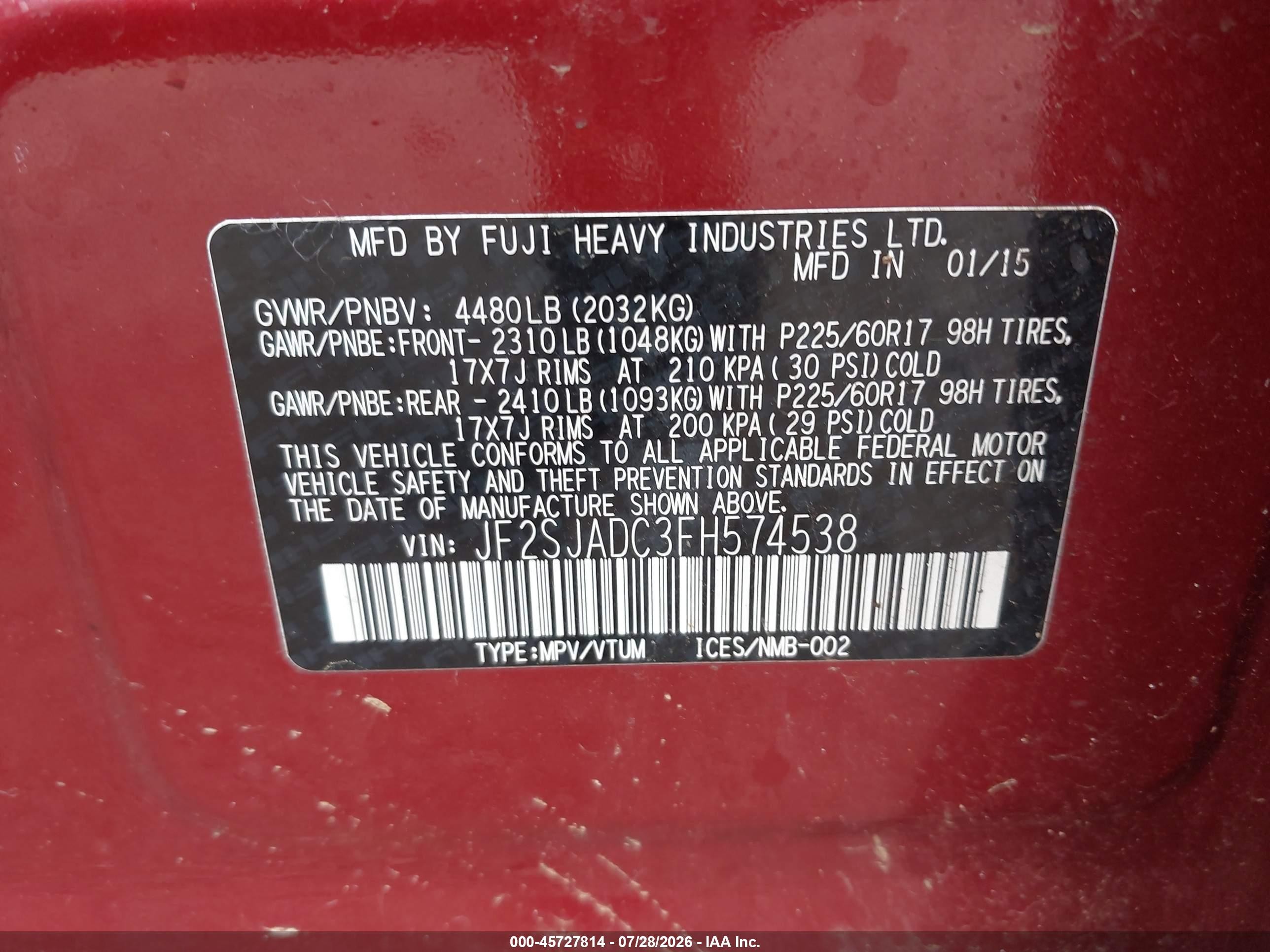 2015 Subaru Forester 2.5i Premium Red vin: JF2SJADC3FH574538