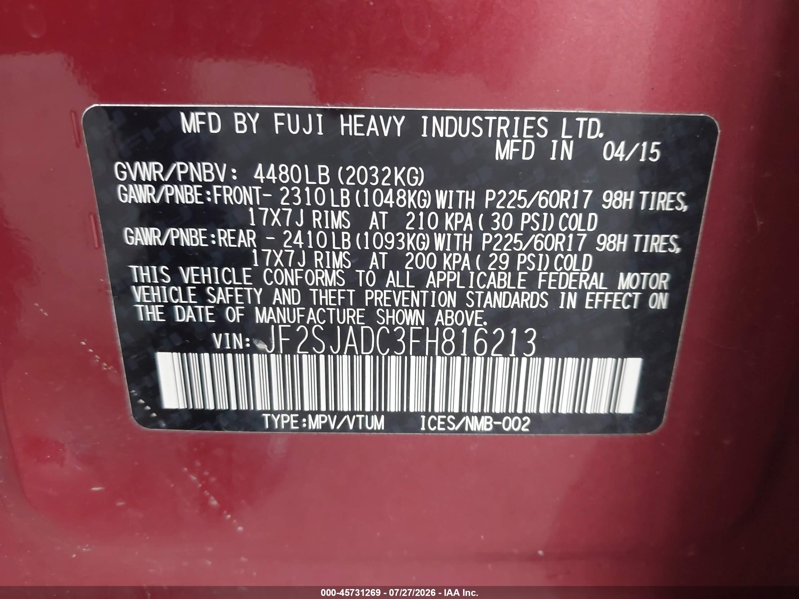 2015 Subaru Forester 2.5i Premium Red vin: JF2SJADC3FH816213