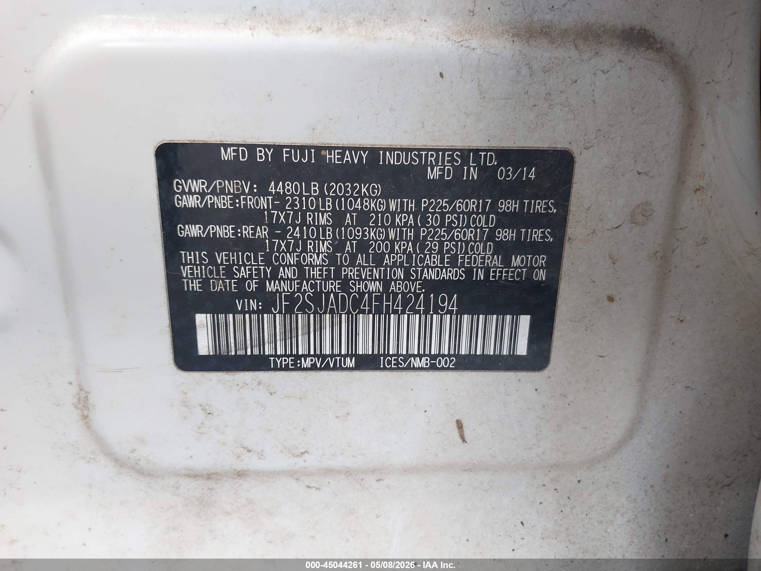 2015 Subaru Forester 2.5i Premium Белый vin: JF2SJADC4FH424194