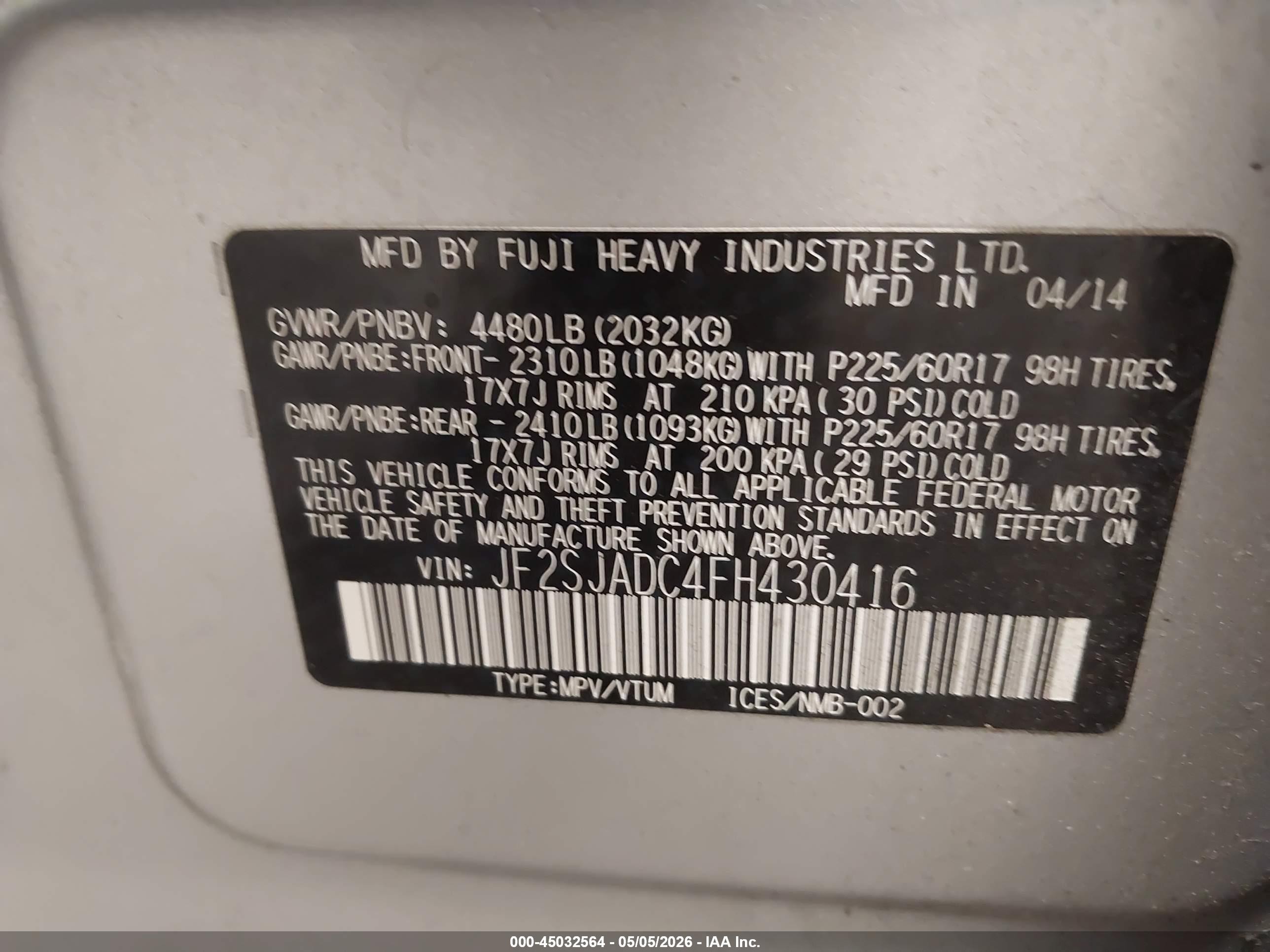 2015 Subaru Forester 2.5i Premium Серебряный vin: JF2SJADC4FH430416