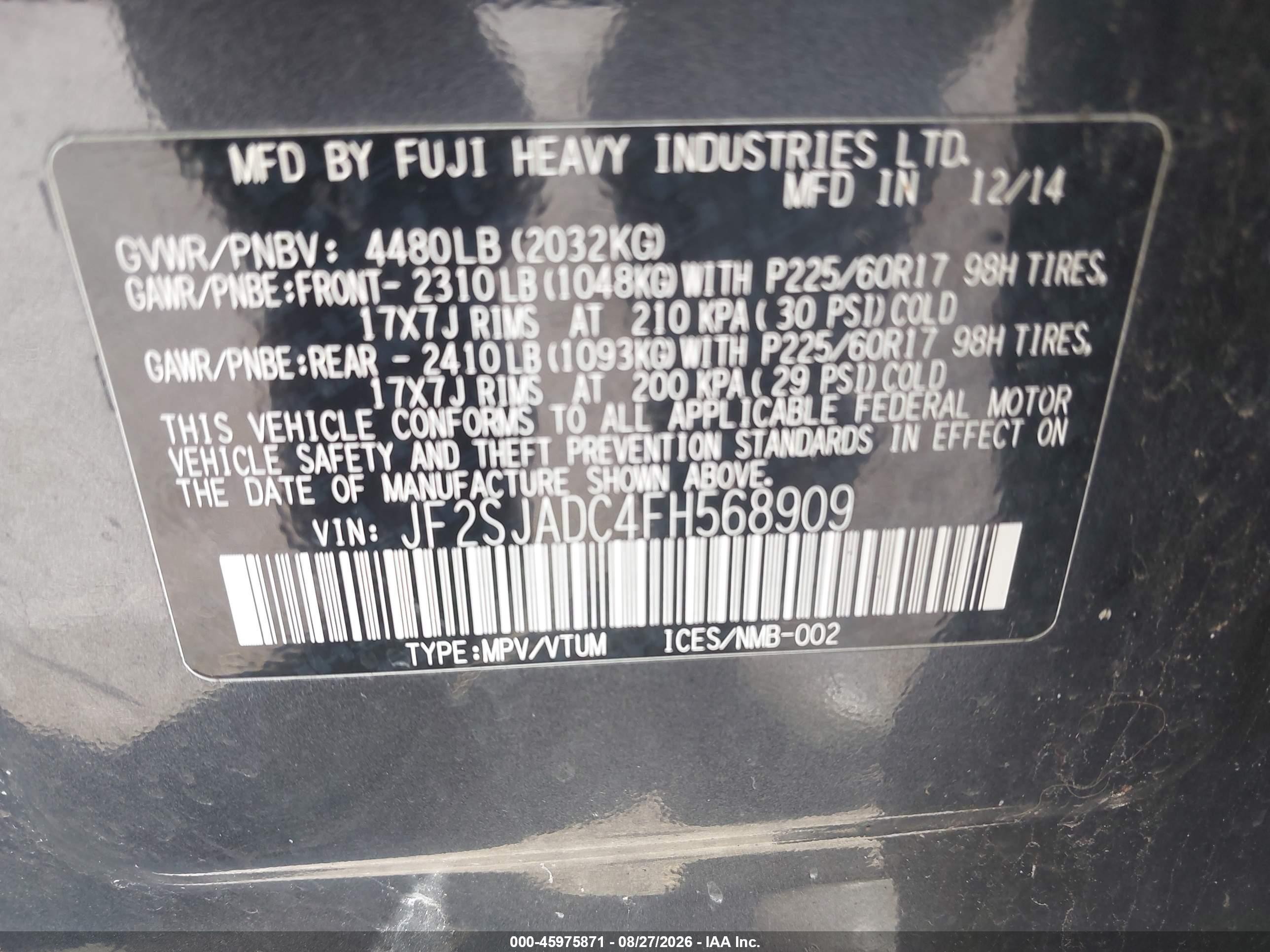 2015 Subaru Forester 2.5i Premium Gray vin: JF2SJADC4FH568909