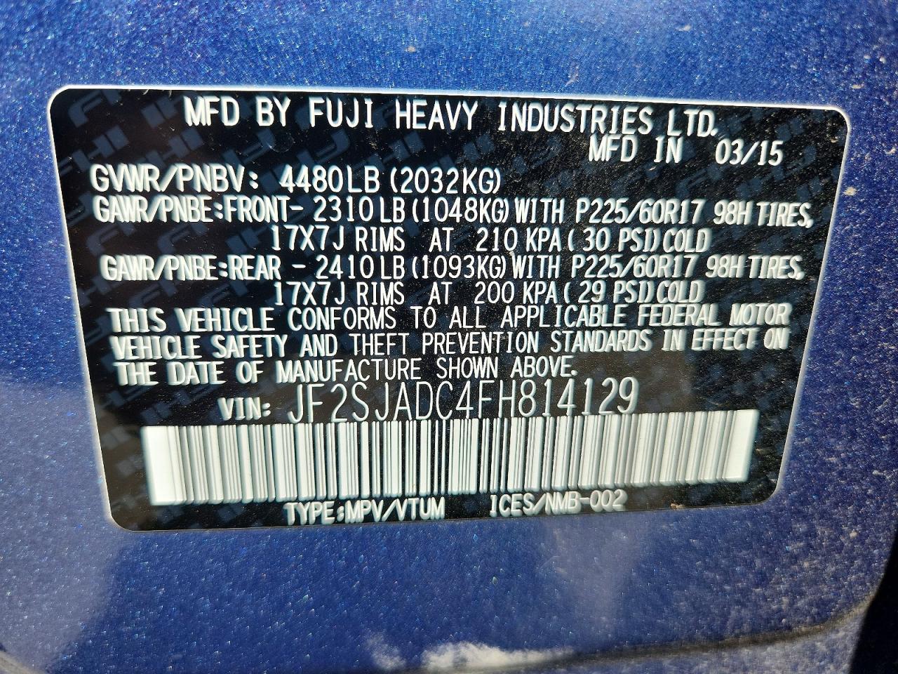 2015 Subaru Forester 2.5i Premium Blue vin: JF2SJADC4FH814129