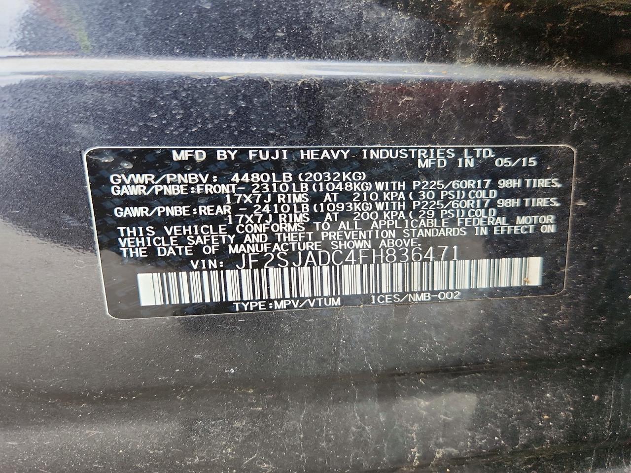 2015 Subaru Forester 2.5i Premium Black vin: JF2SJADC4FH836471