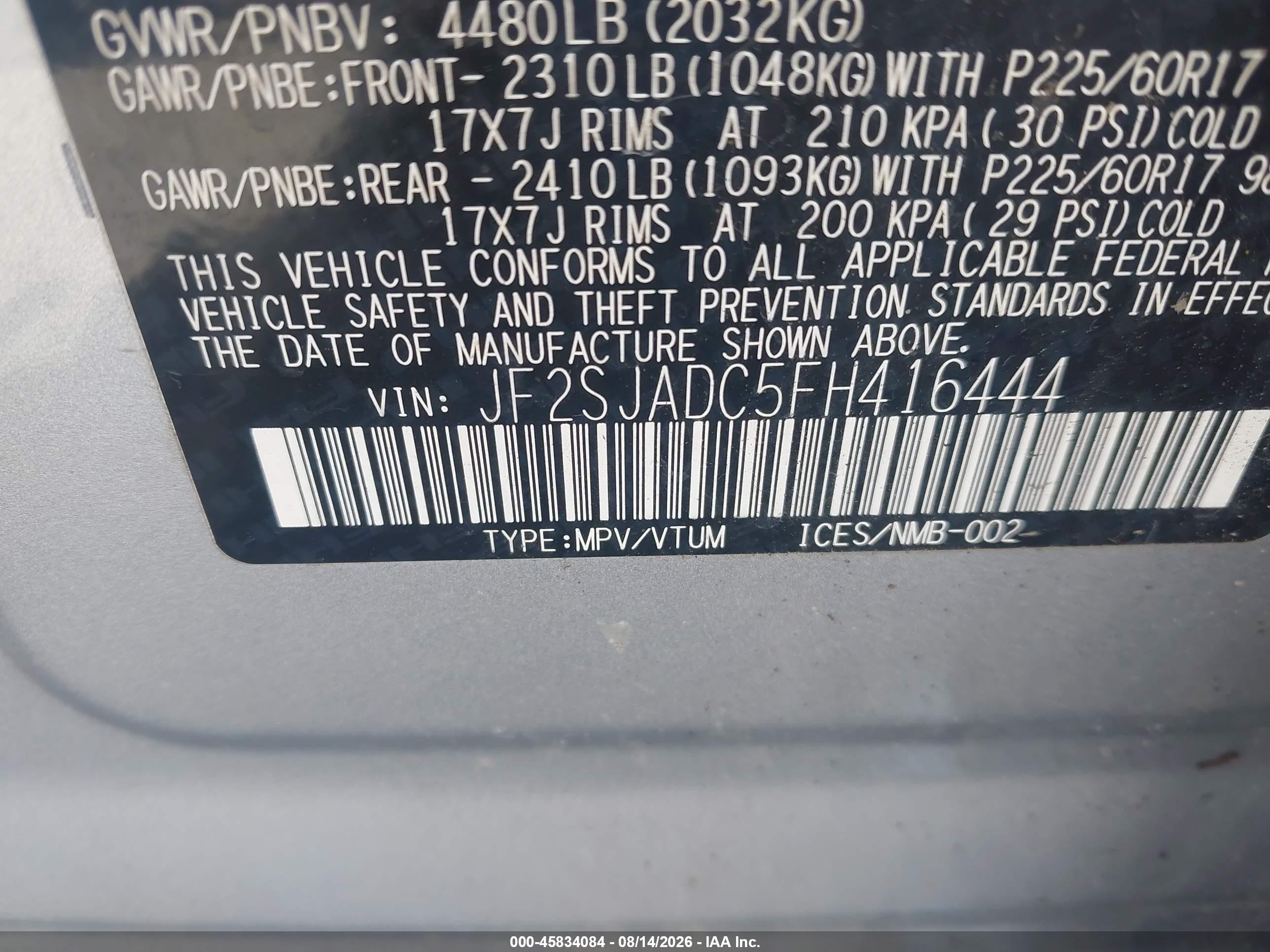 2015 Subaru Forester 2.5i Premium Silver vin: JF2SJADC5FH416444