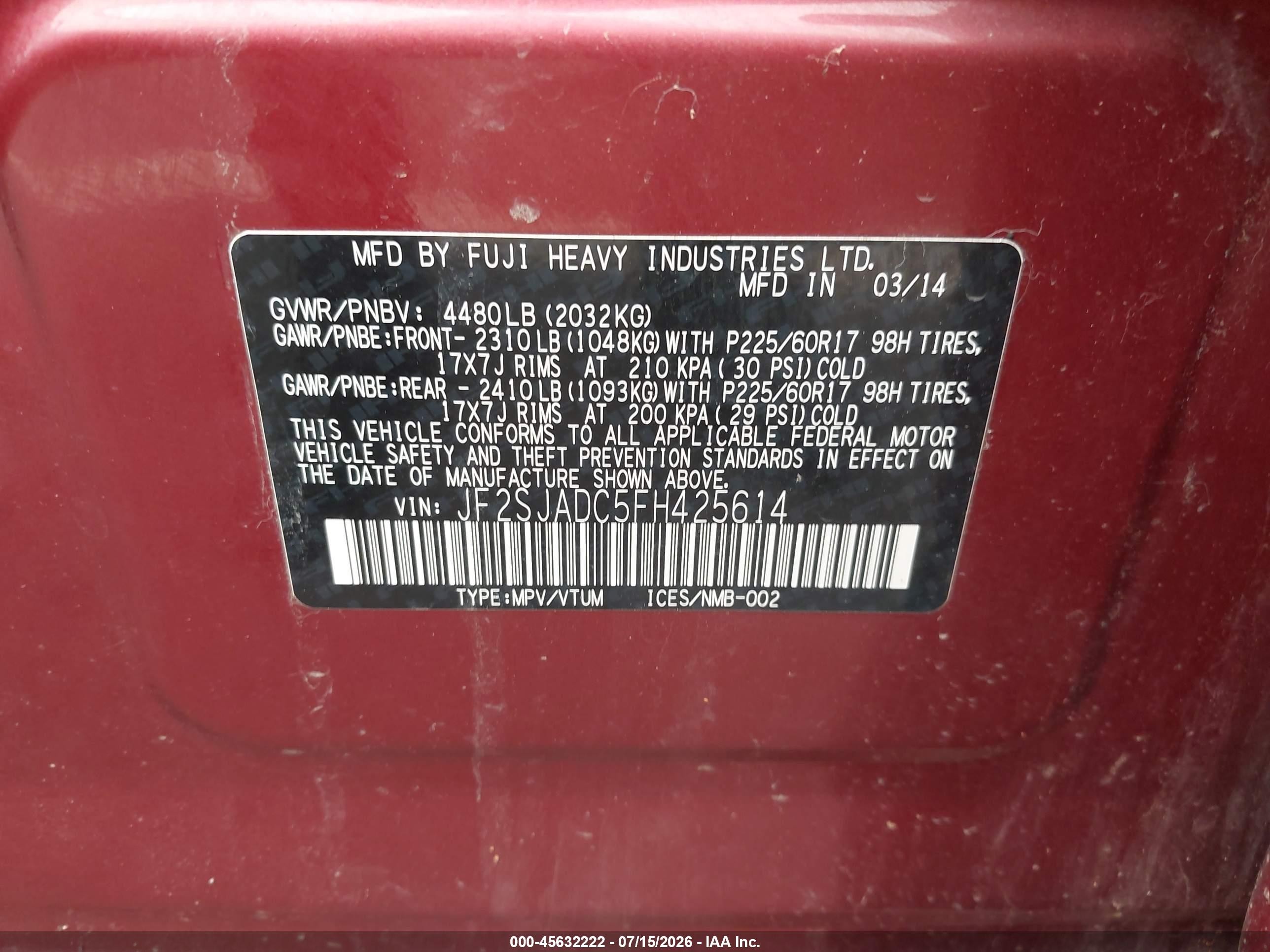 2015 Subaru Forester 2.5i Premium Red vin: JF2SJADC5FH425614