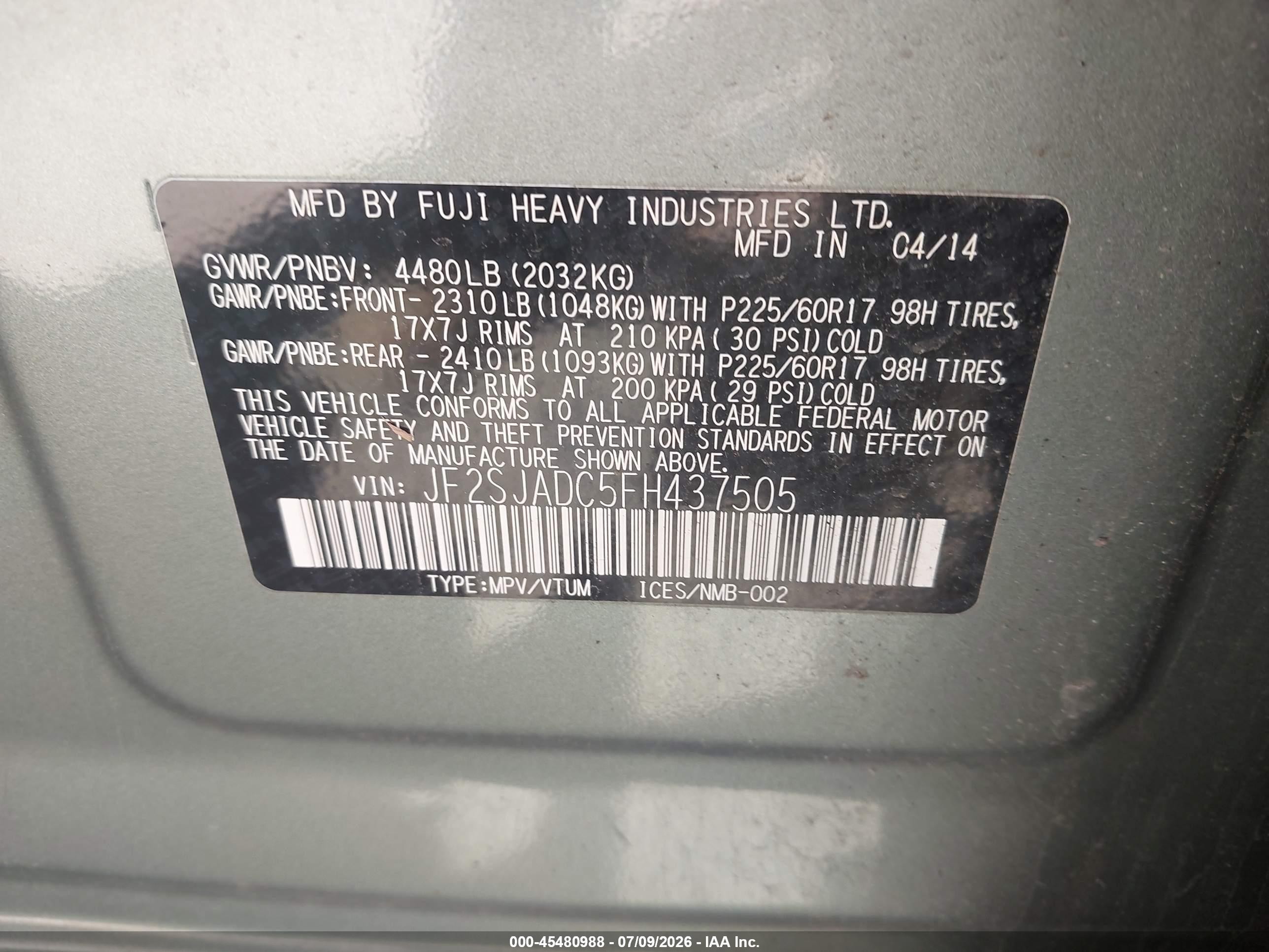 2015 Subaru Forester 2.5i Premium Green vin: JF2SJADC5FH437505