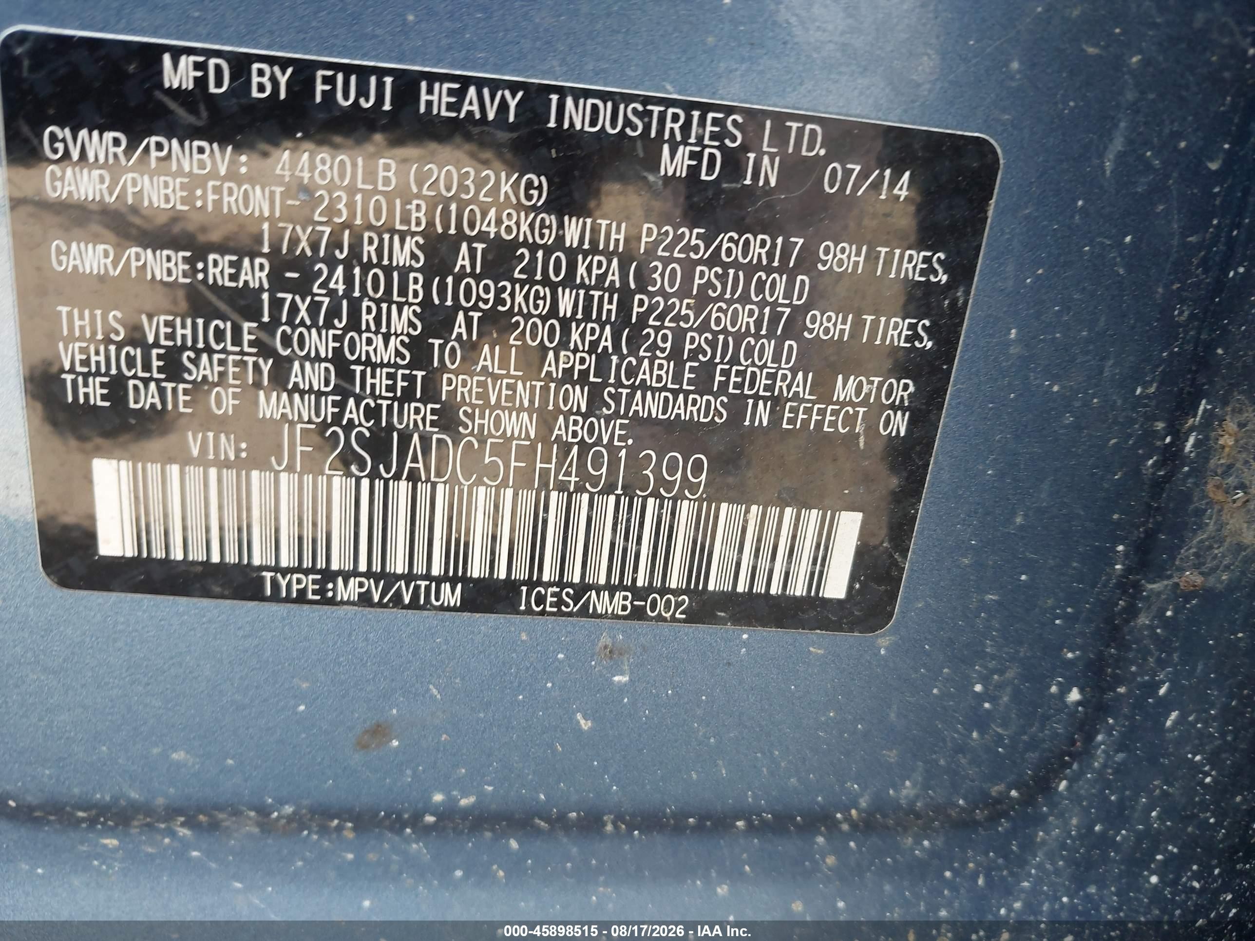 2015 Subaru Forester 2.5i Premium Blue vin: JF2SJADC5FH491399
