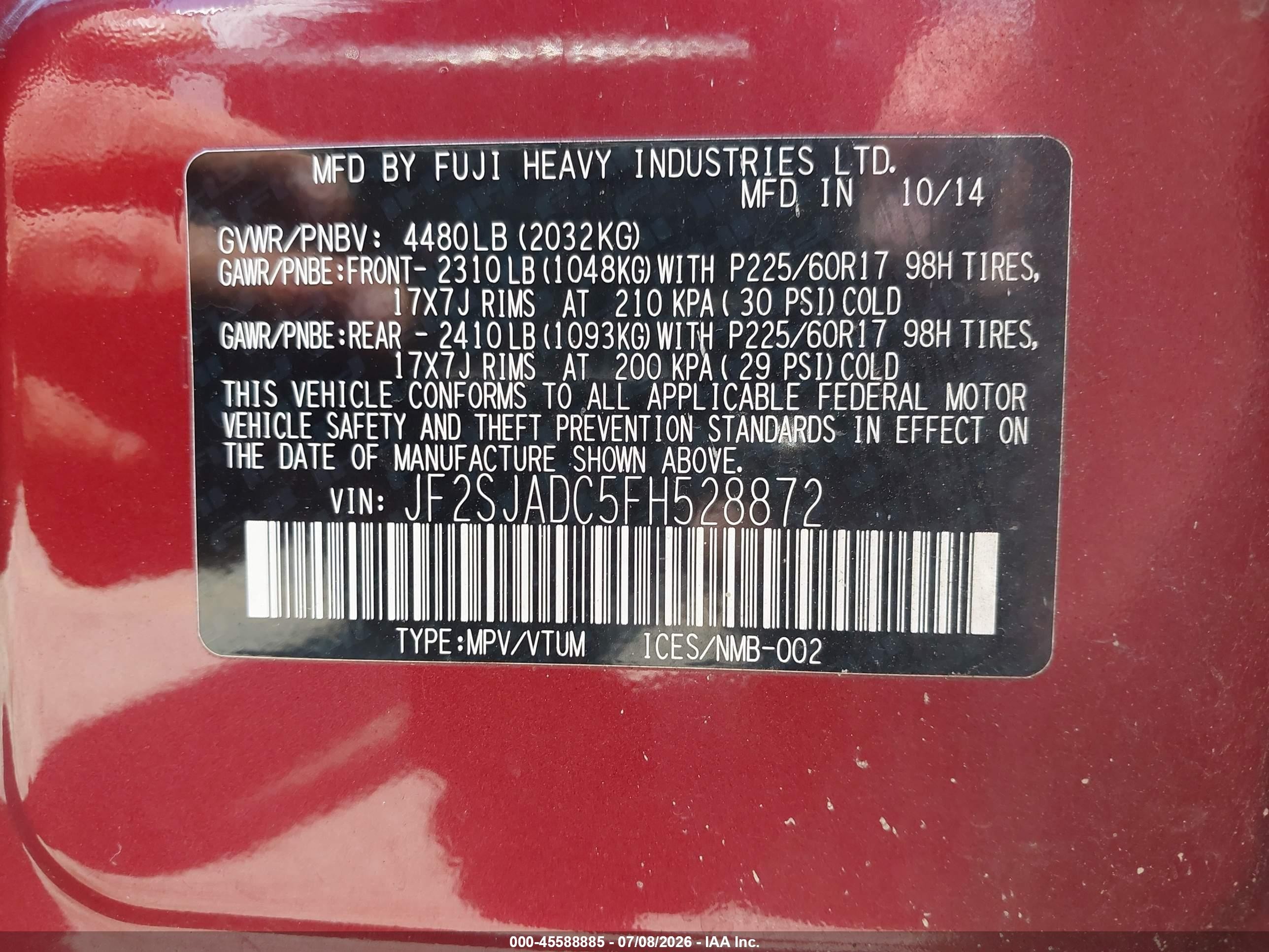 2015 Subaru Forester 2.5i Premium Red vin: JF2SJADC5FH528872