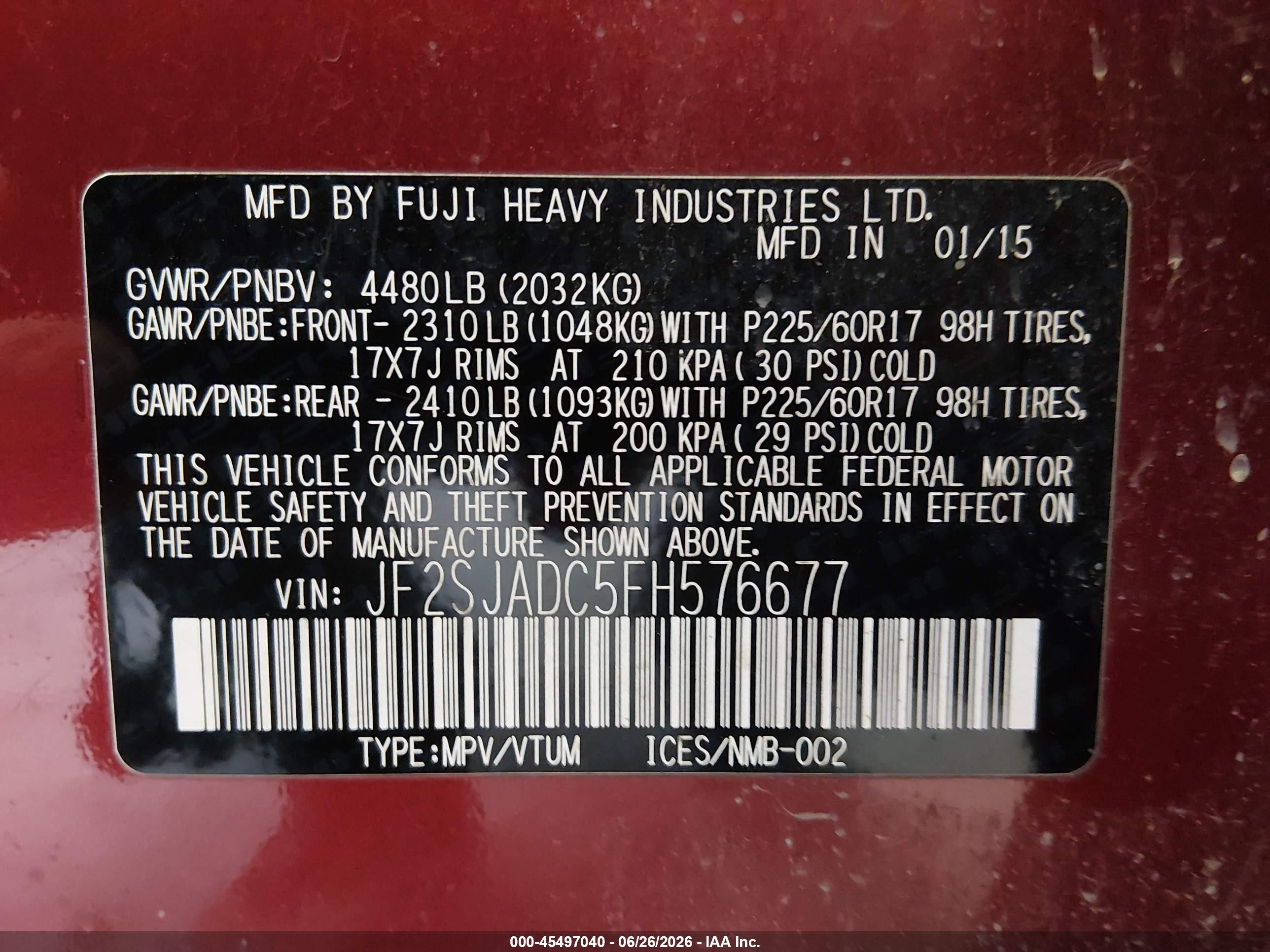2015 Subaru Forester 2.5i Premium Red vin: JF2SJADC5FH576677