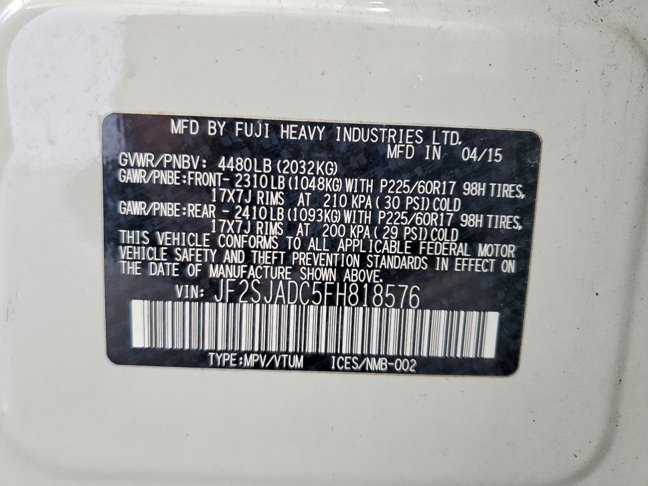 2015 Subaru Forester 2.5i Premium White vin: JF2SJADC5FH818576