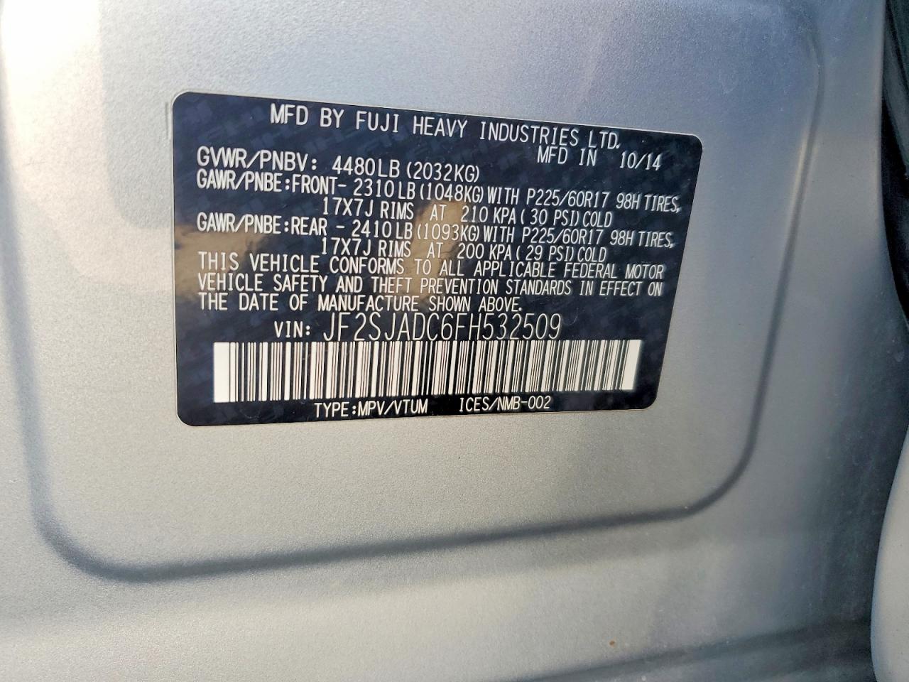 2015 Subaru Forester 2.5i Premium Silver vin: JF2SJADC6FH532509