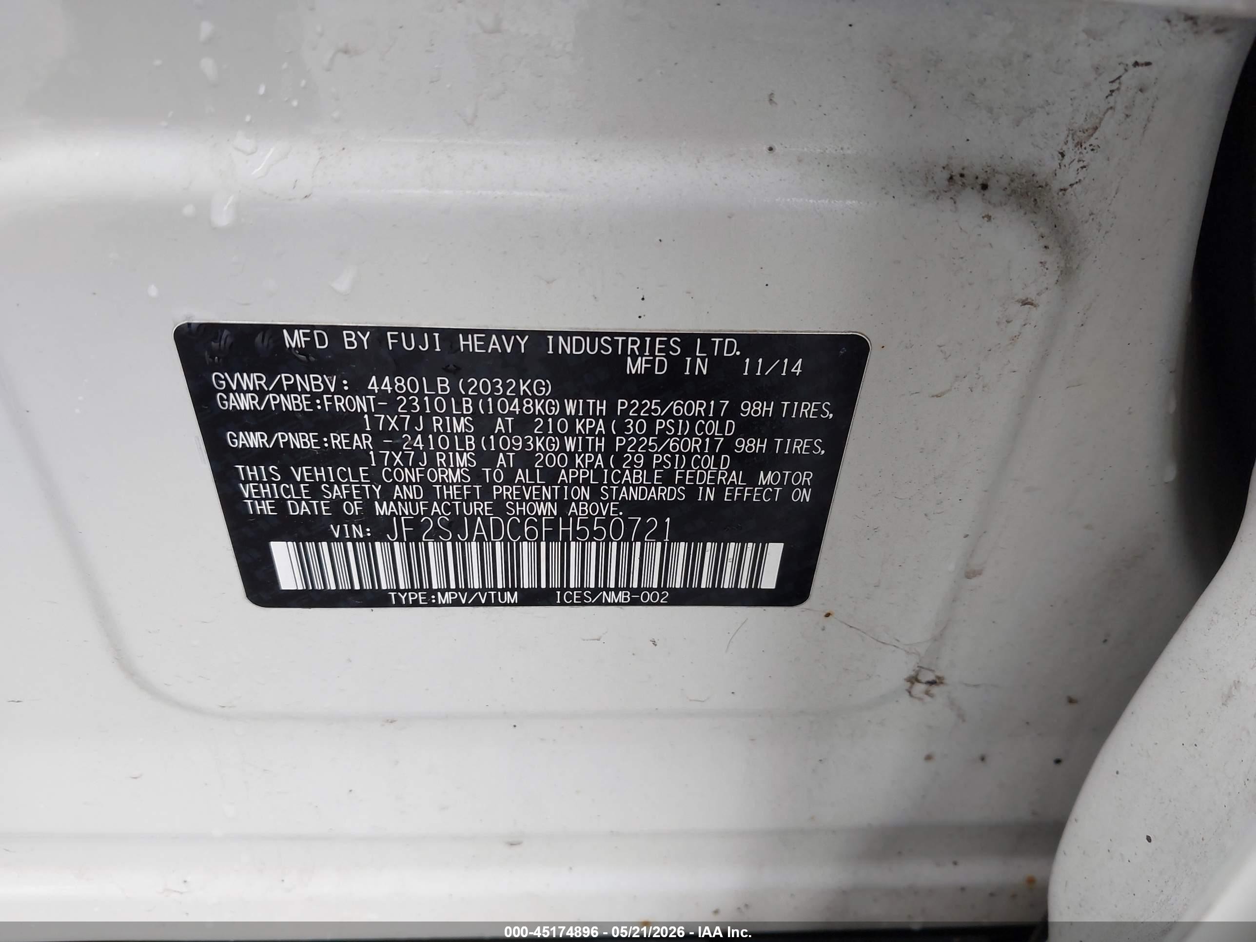 2015 Subaru Forester 2.5i Premium Белый vin: JF2SJADC6FH550721