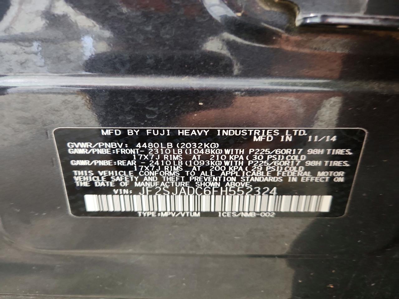 2015 Subaru Forester 2.5i Premium Black vin: JF2SJADC6FH552324