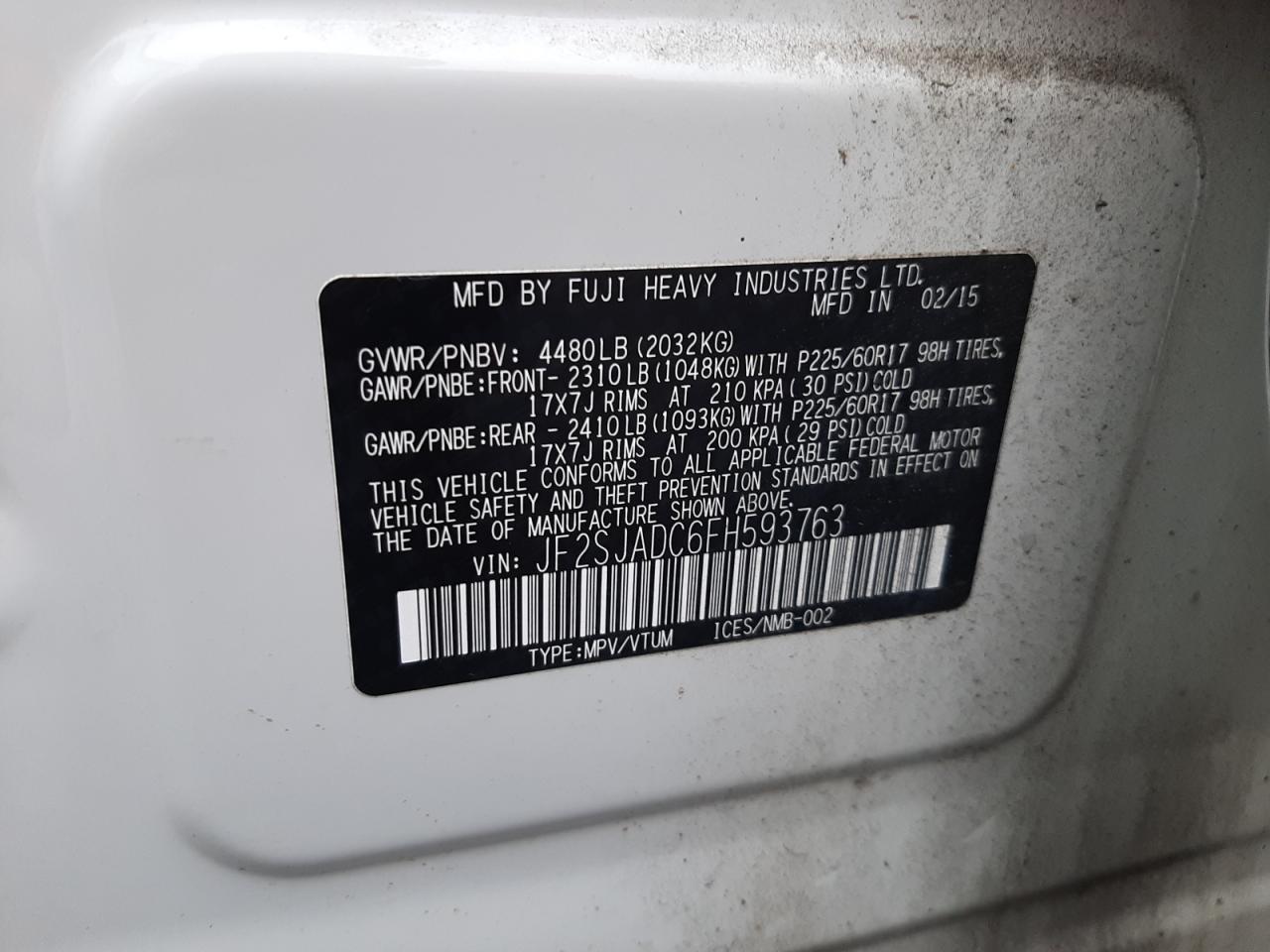 2015 Subaru Forester 2.5i Premium White vin: JF2SJADC6FH593763