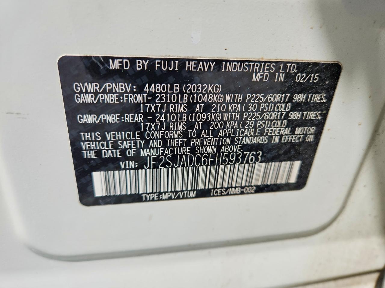 2015 Subaru Forester 2.5i Premium White vin: JF2SJADC6FH593763