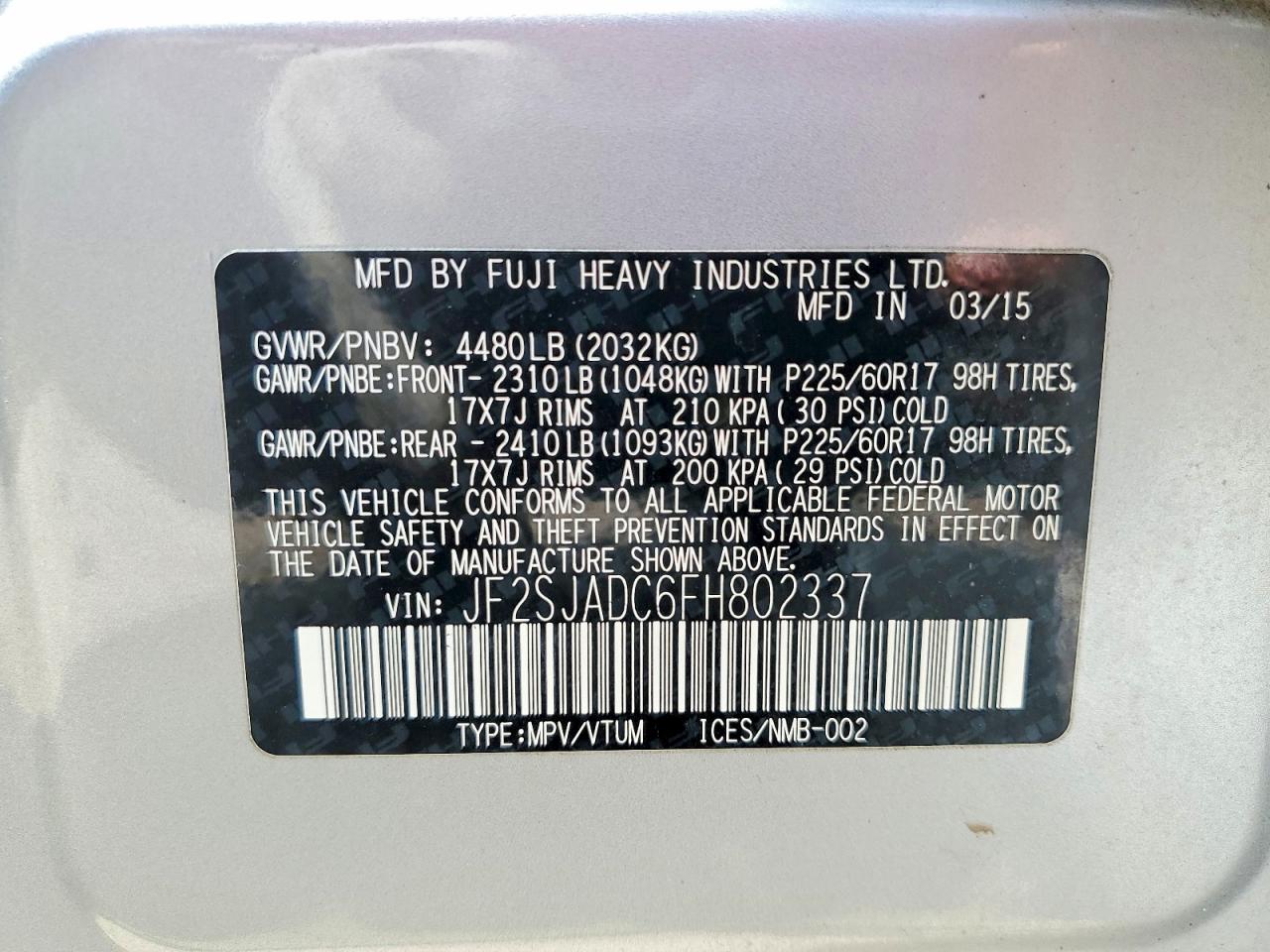 2015 Subaru Forester 2.5i Premium Silver vin: JF2SJADC6FH802337