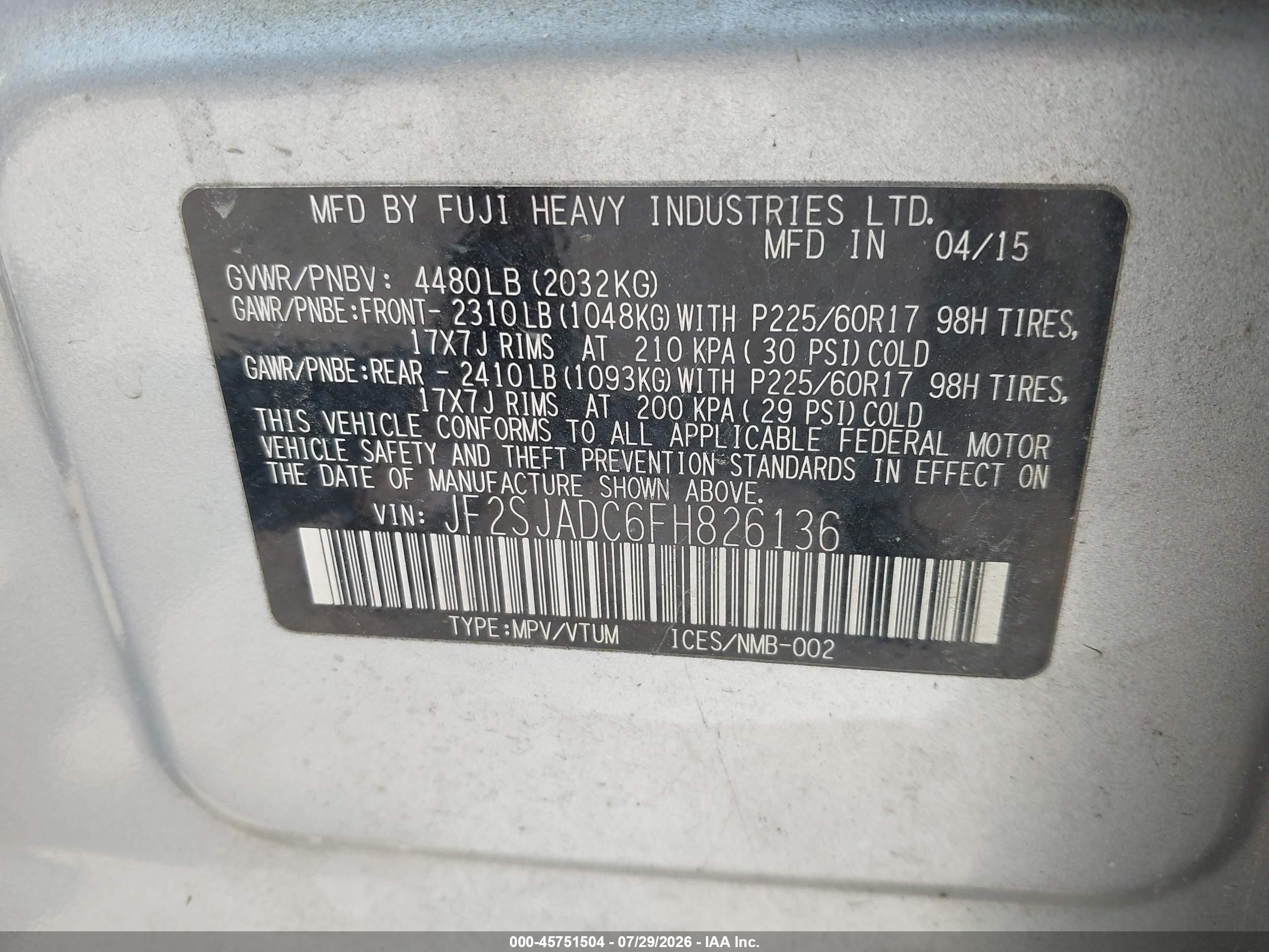 2015 Subaru Forester 2.5i Premium Silver vin: JF2SJADC6FH826136