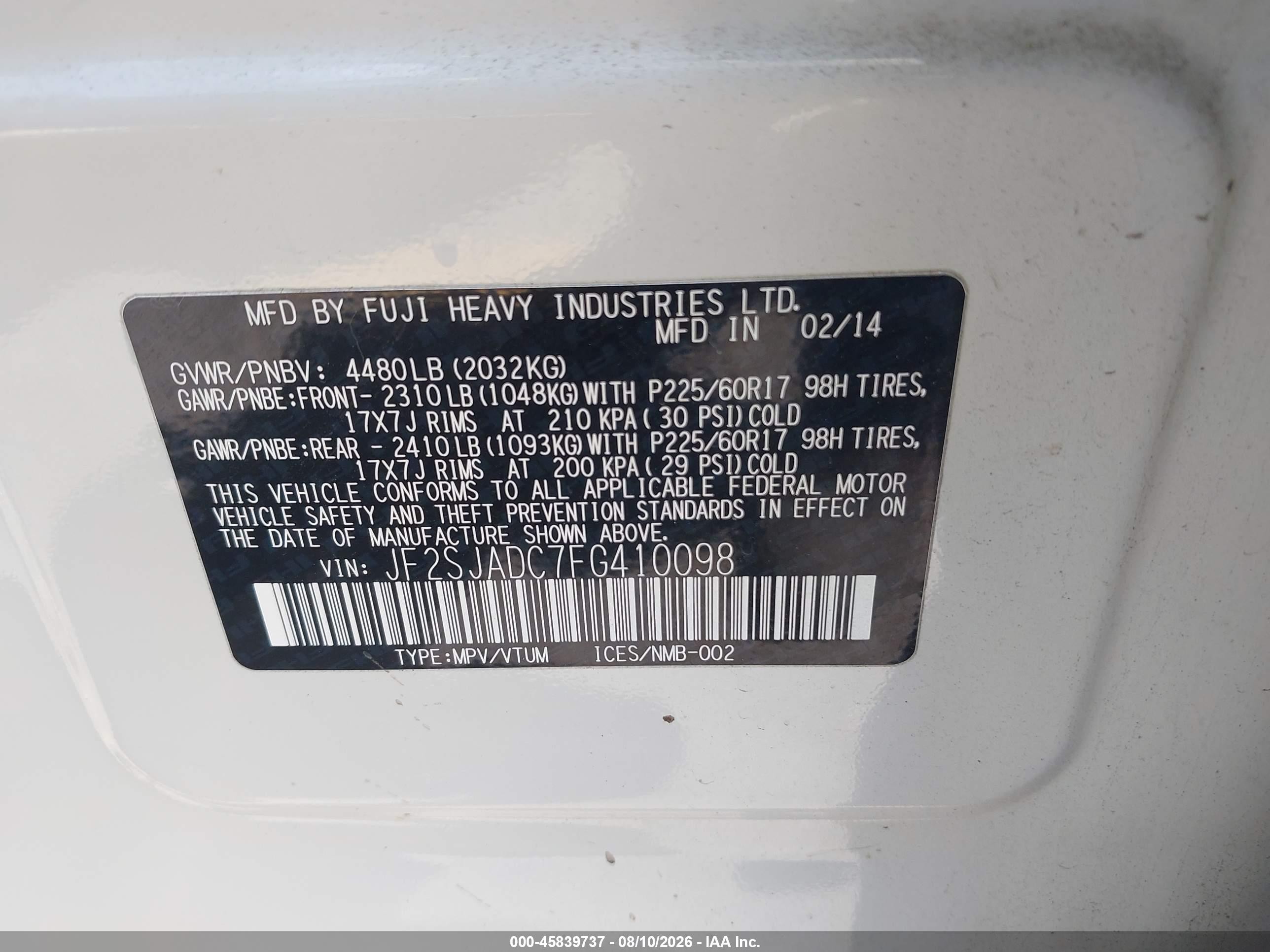 2015 Subaru Forester 2.5i Premium Белый vin: JF2SJADC7FG410098