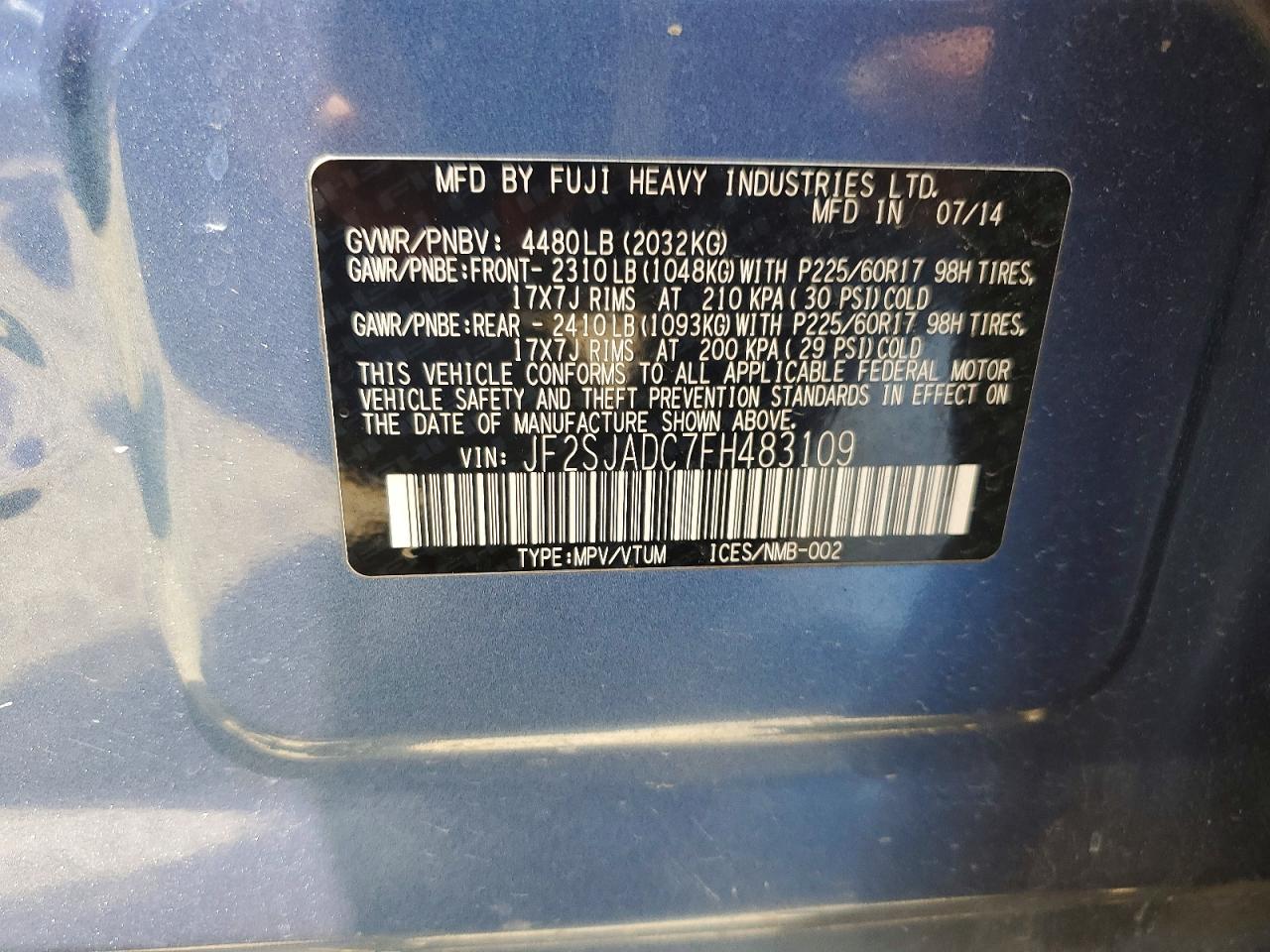 2015 Subaru Forester 2.5i Premium Blue vin: JF2SJADC7FH483109