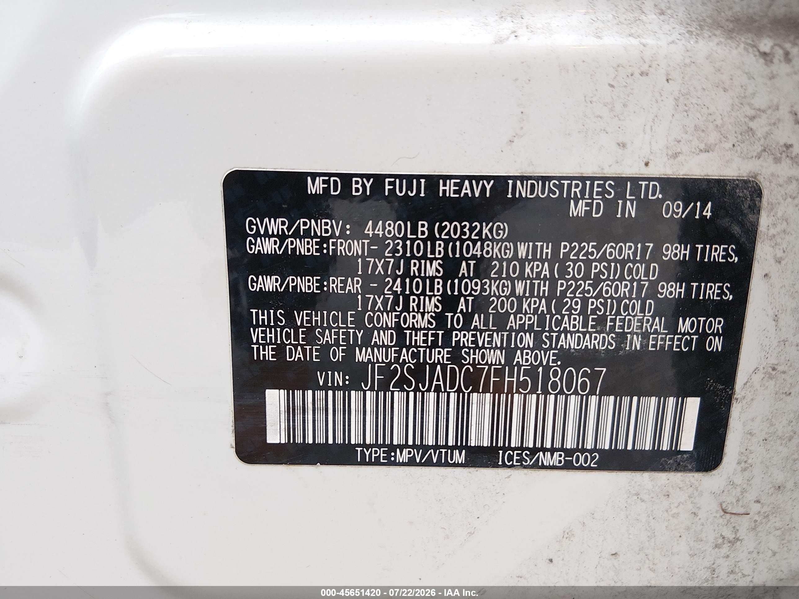 2015 Subaru Forester 2.5i Premium Белый vin: JF2SJADC7FH518067