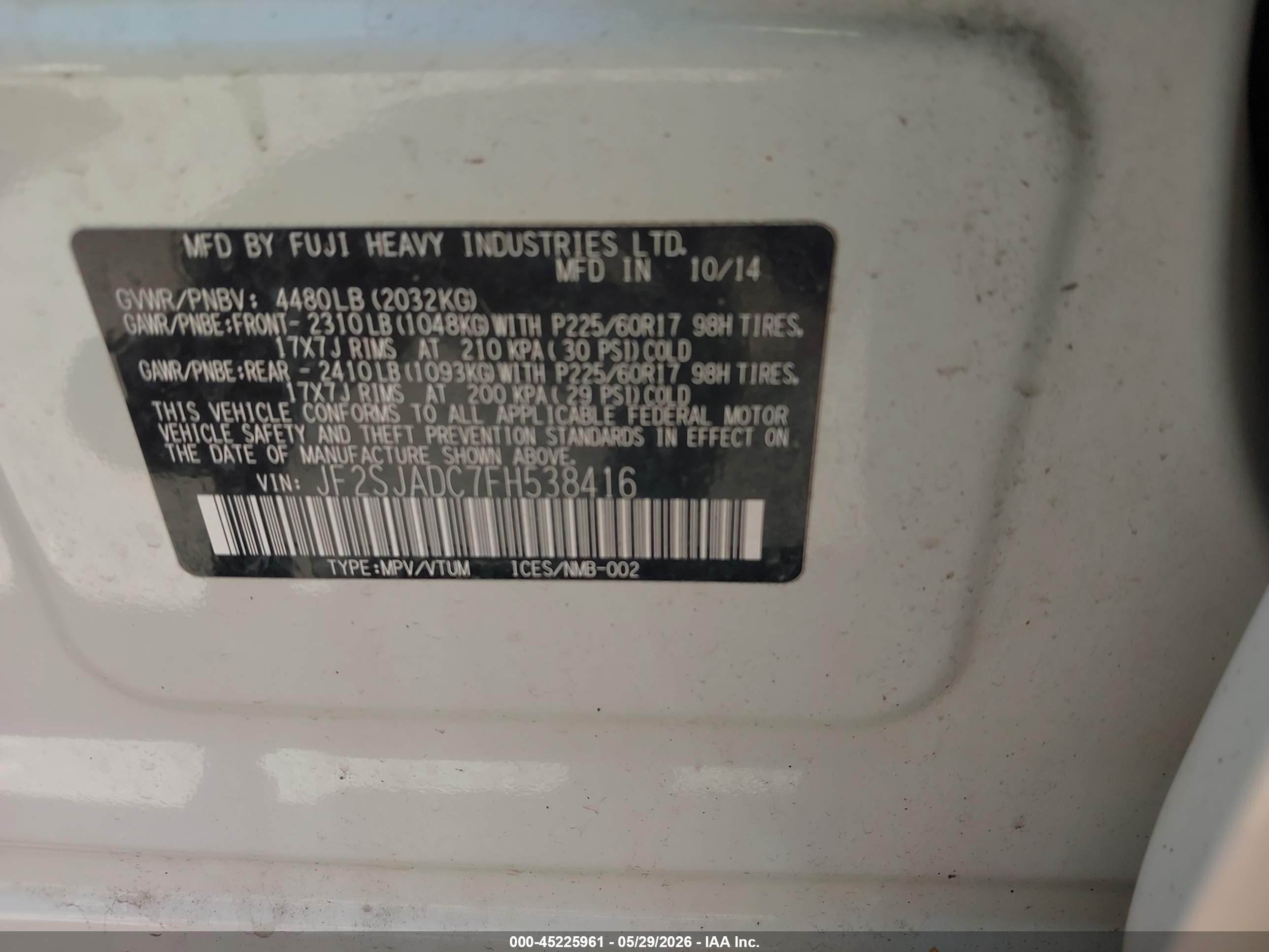 2015 Subaru Forester 2.5i Premium White vin: JF2SJADC7FH538416