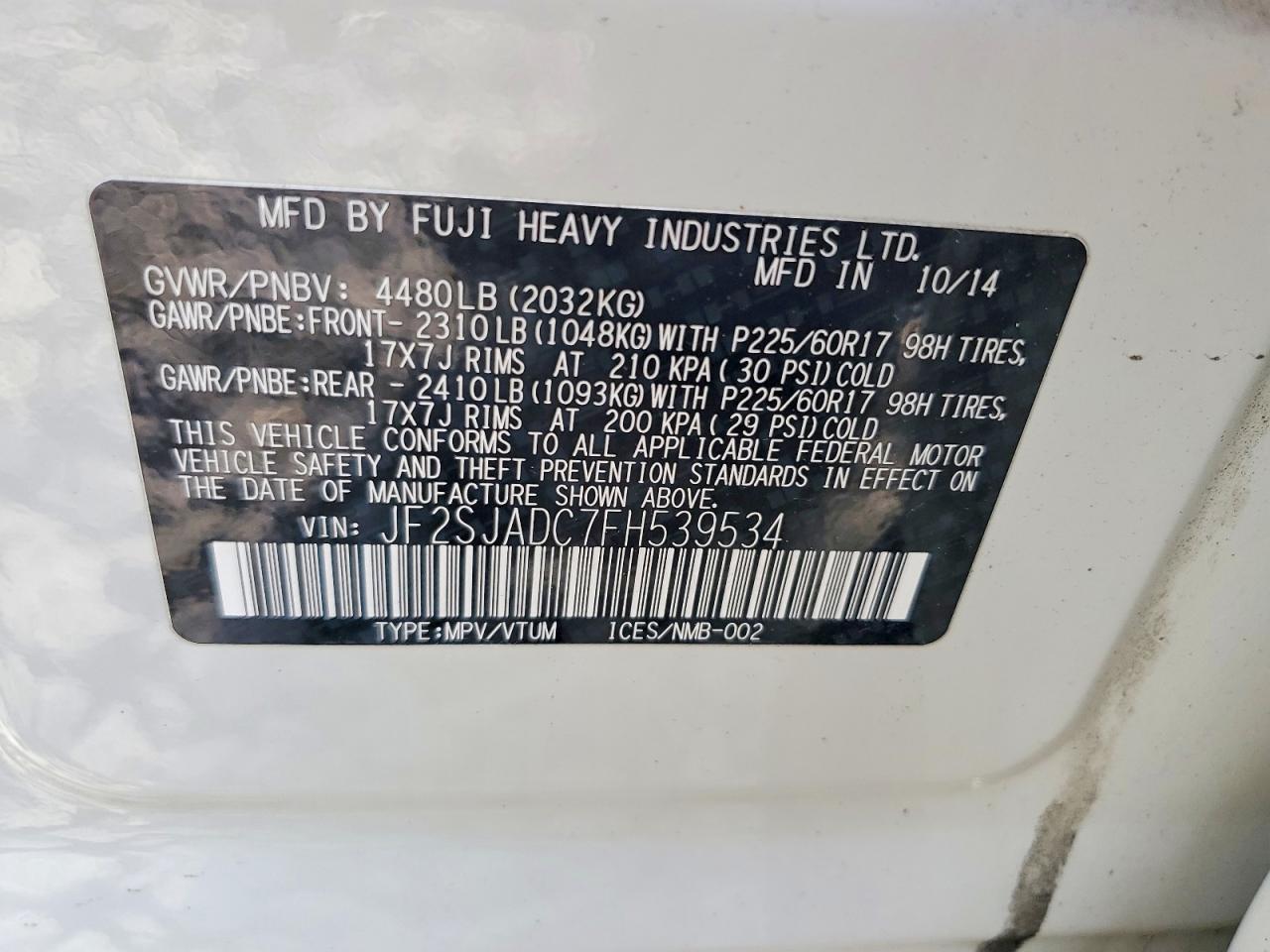 2015 Subaru Forester 2.5i Premium White vin: JF2SJADC7FH539534