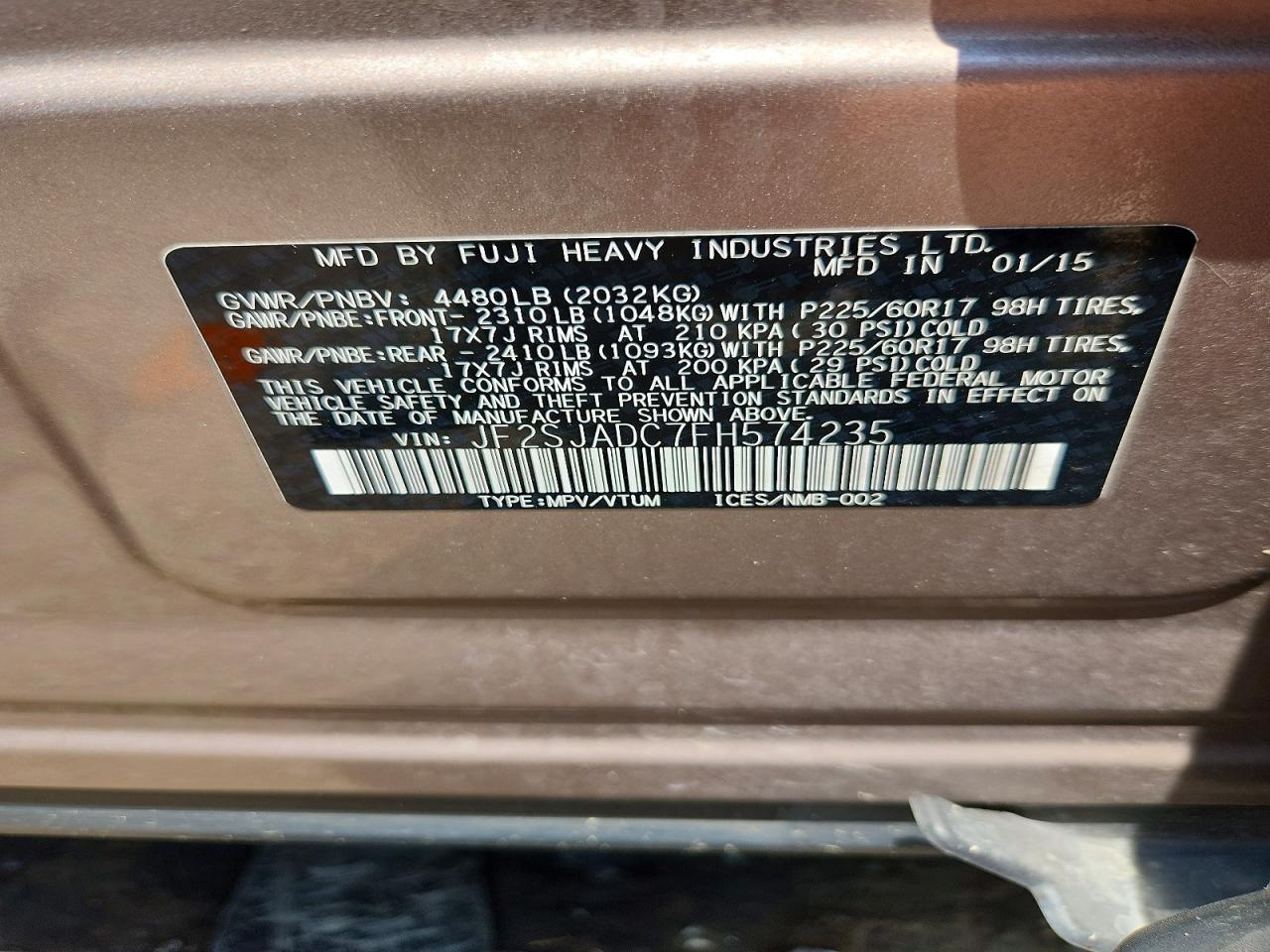 2015 Subaru Forester 2.5i Premium Tan vin: JF2SJADC7FH574235