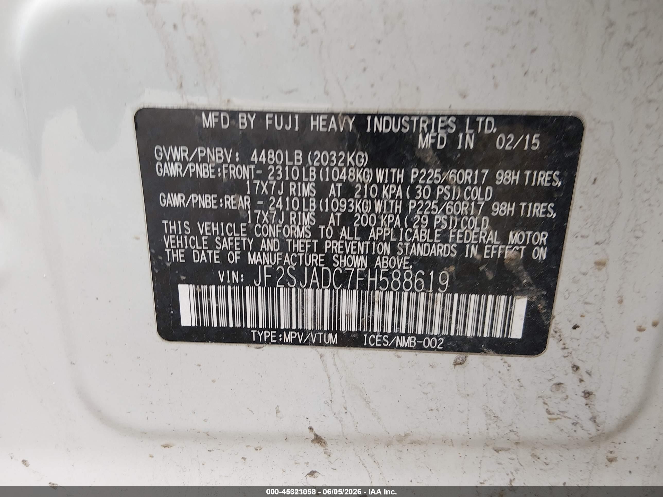 2015 Subaru Forester 2.5i Premium White vin: JF2SJADC7FH588619